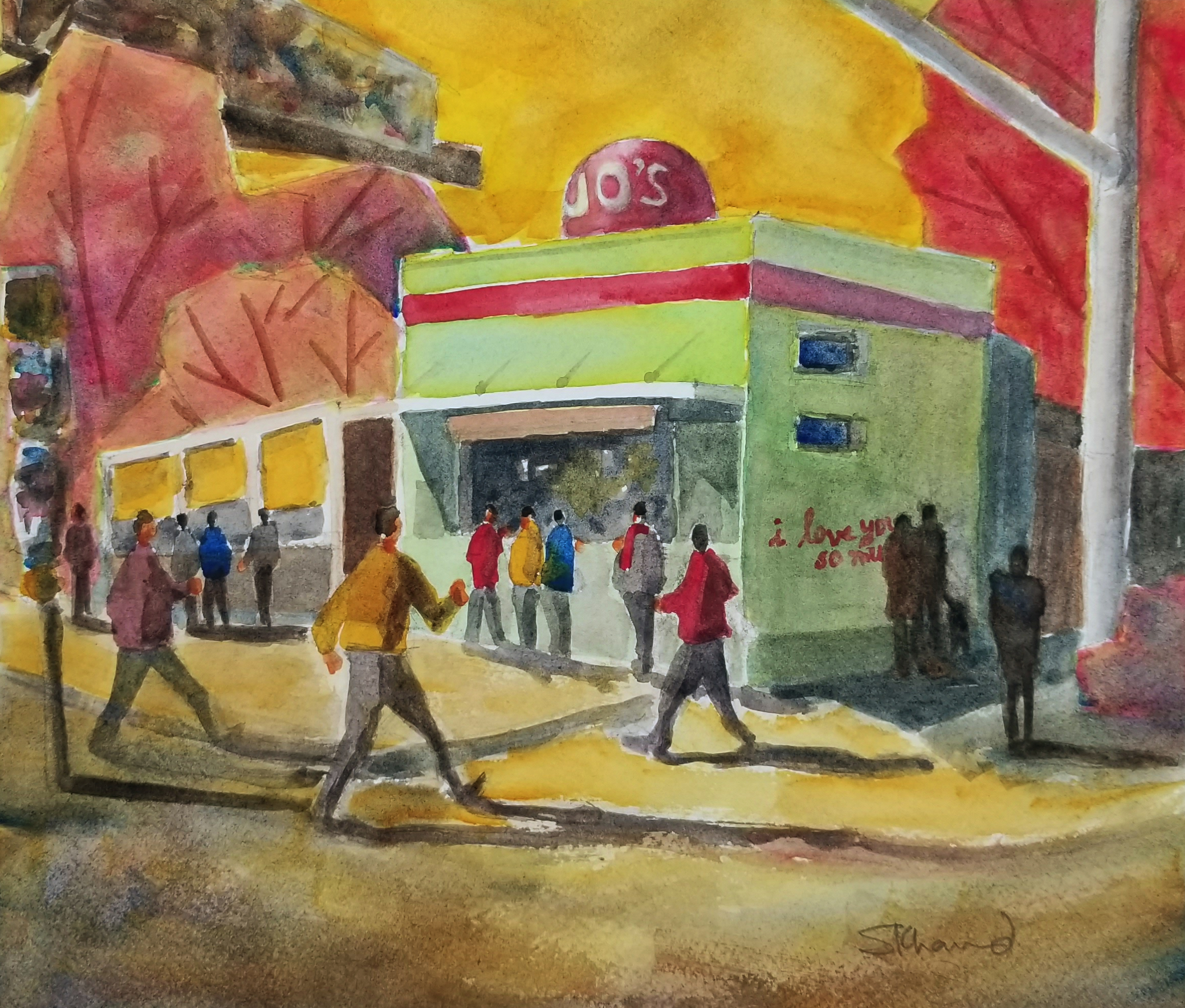 green coffee shop in austin with mural