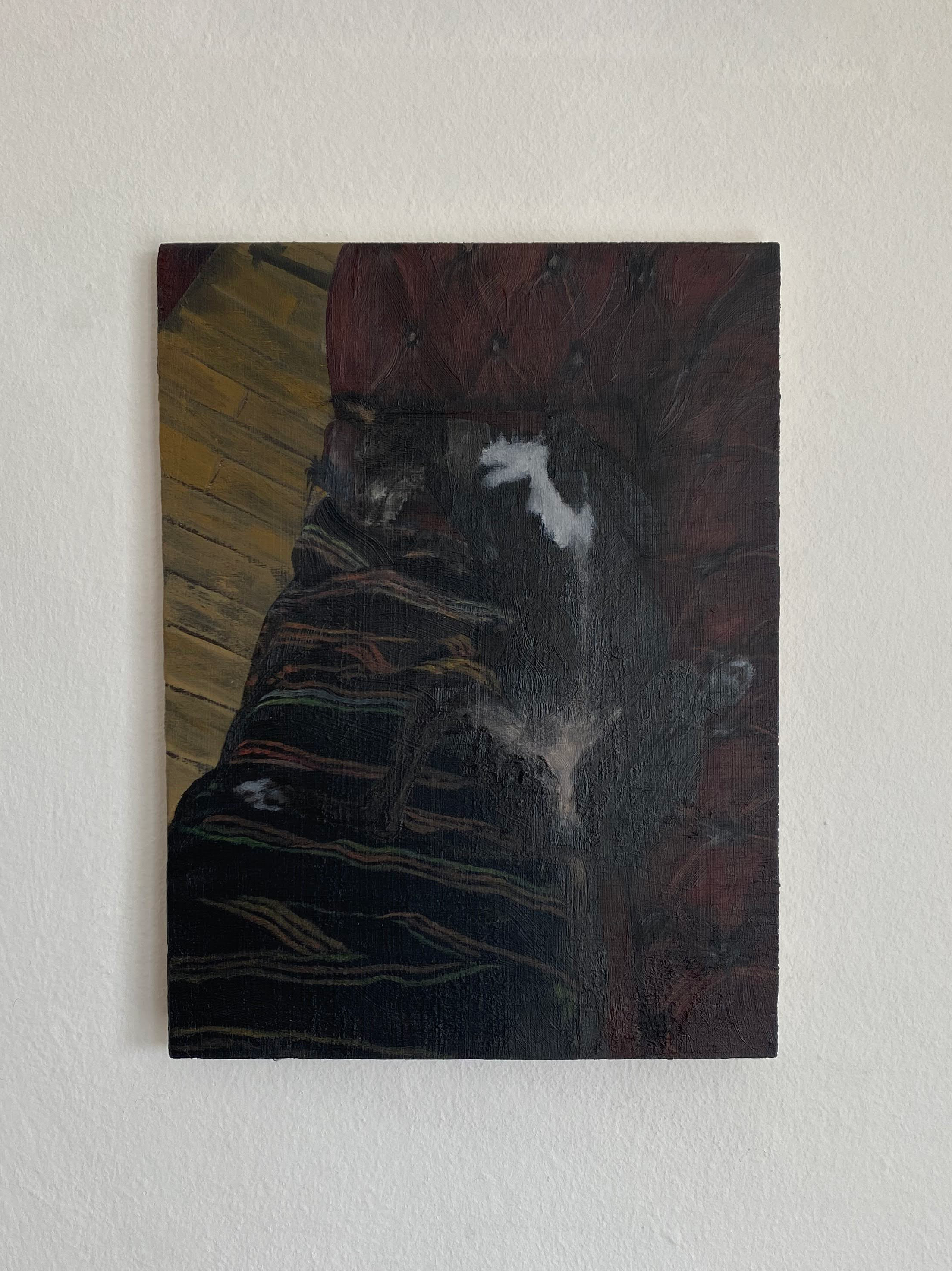 abra sofa, 2020 oil on plywood, 20cm x 15cm in private collection Painted from an old photograph of my late childhood dog. Sprawled on a red leather sofa, legs akimbo, she disappears in and out of the dark furniture, as black-haired pets often do. Eyes strain to find the end of sofa and the beginning of dog. While painting, I recalled how, after her death, muscle memory would jerk my head around corners of the house searching for her.