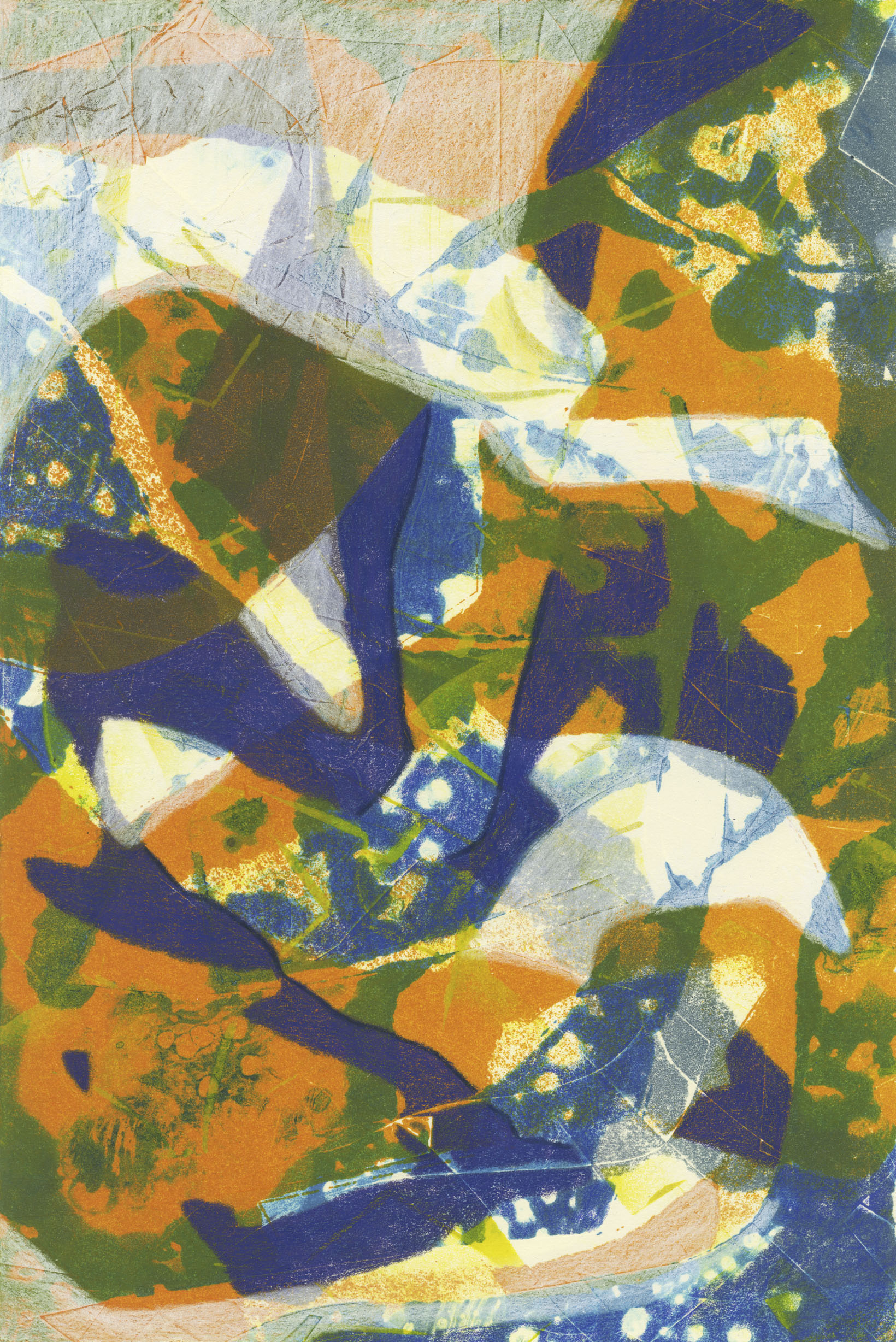 Untitled, 2018, monoprint with embossment and colored pencil on paper, 14 × 9 1/2".