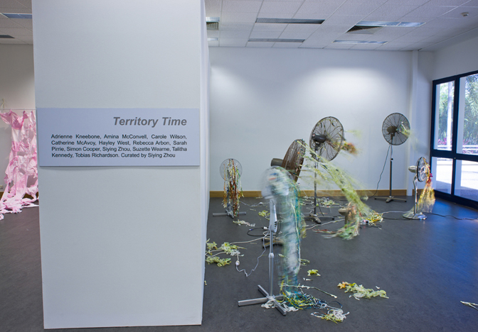 The installation view of 'Territory Time' at Chan contemporary art space, Darwin. Photography by Darwin Film Association.