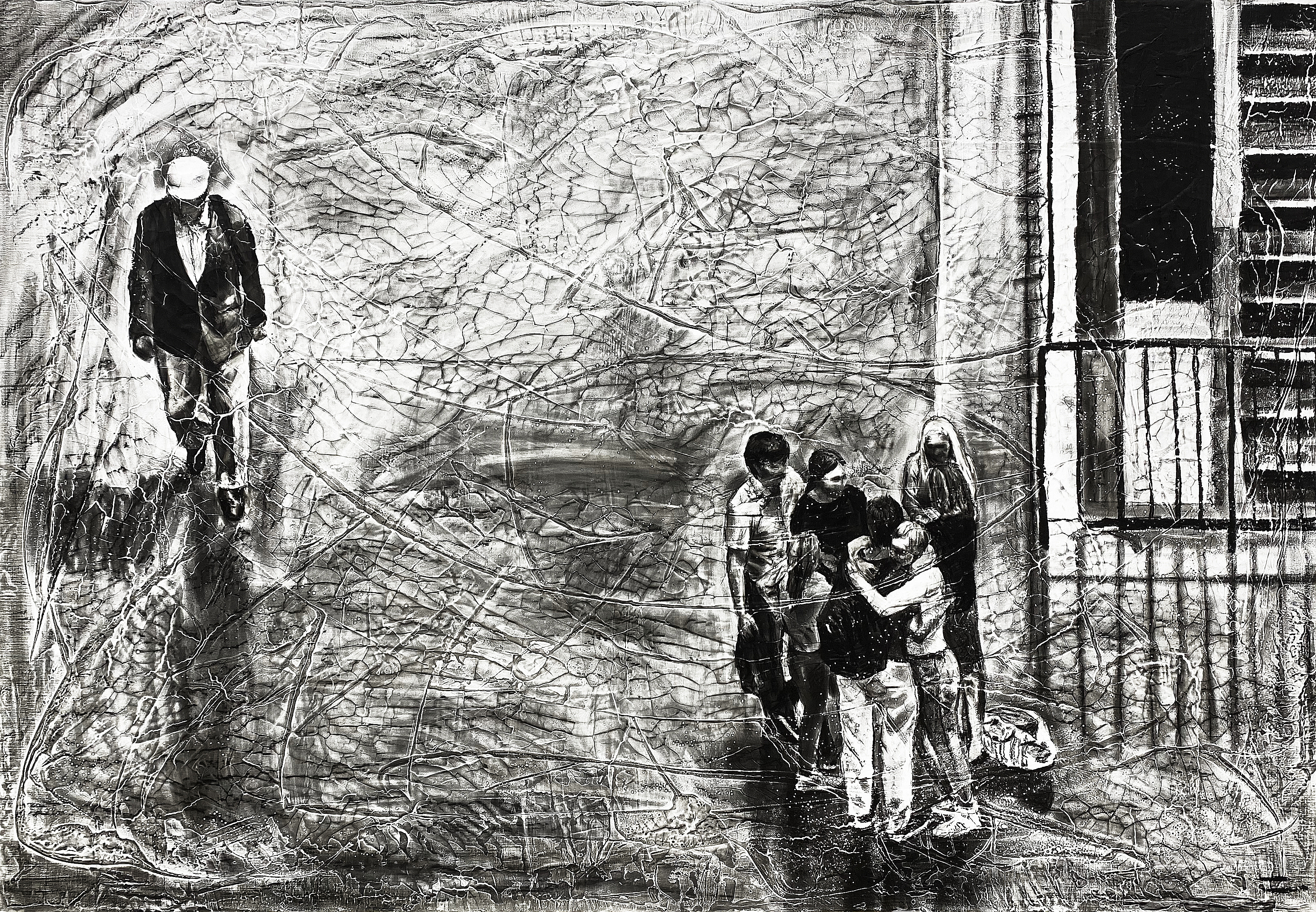 One and others in Tate Modern, 2020, charcoal, industrial paint on abandoned canvas, 89.4*130.3(cm)