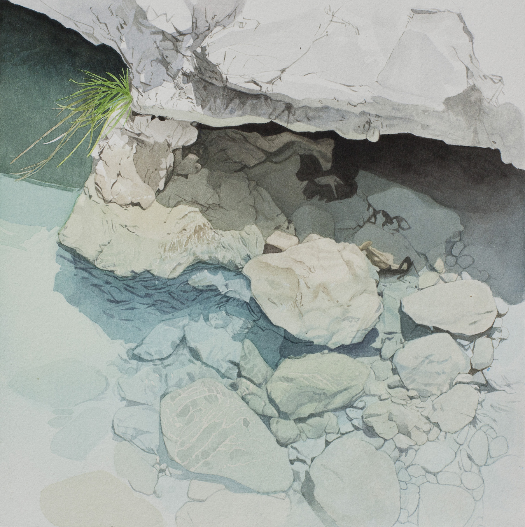 L'Est&eacute;ron (clue d'Aiglun, d&eacute;tail), (aquarelle, 28x28cm, d&eacute;but ao&ucirc;t 2025)