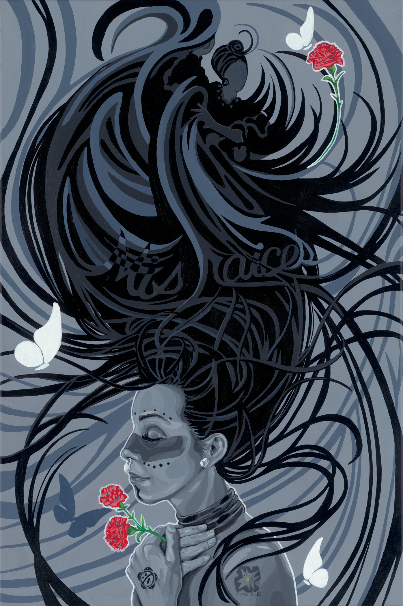 A largely monochrome painting of a figure in profile, whose long dark hair pools and swirls above their head, and forms a smaller figure and the somewhat hidden words “mis raices”