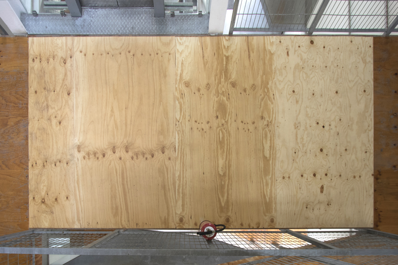 A PIECE OF FLOOR WHERE WE USED TO DANCE, 2018. Removed wooden floor. 431 x 232 cm each (patch of new floor, and original floor on wall).