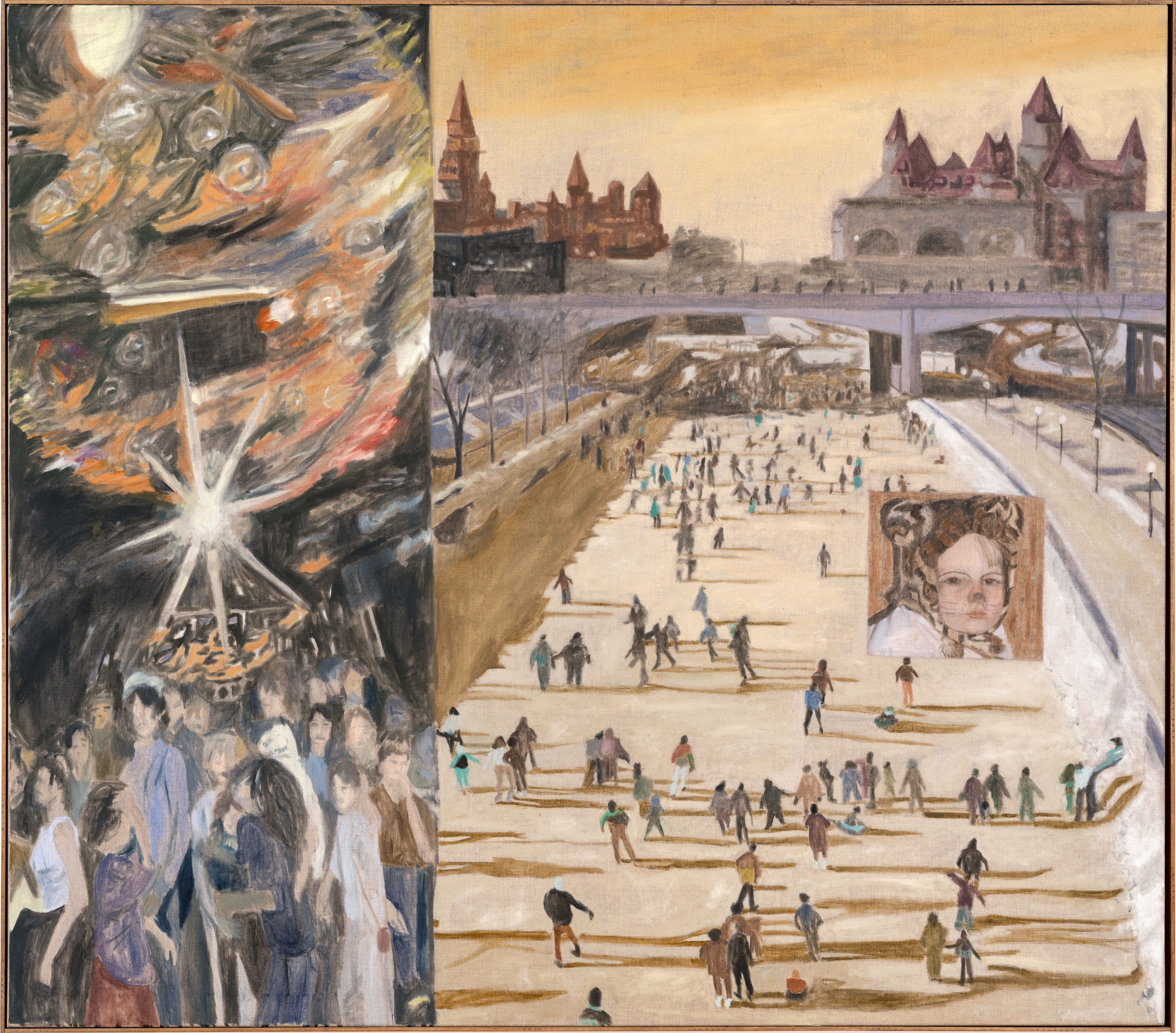 Ice Skating Disco &ndash; 128 x 146 cm, oil on linen, pine frame, 2025