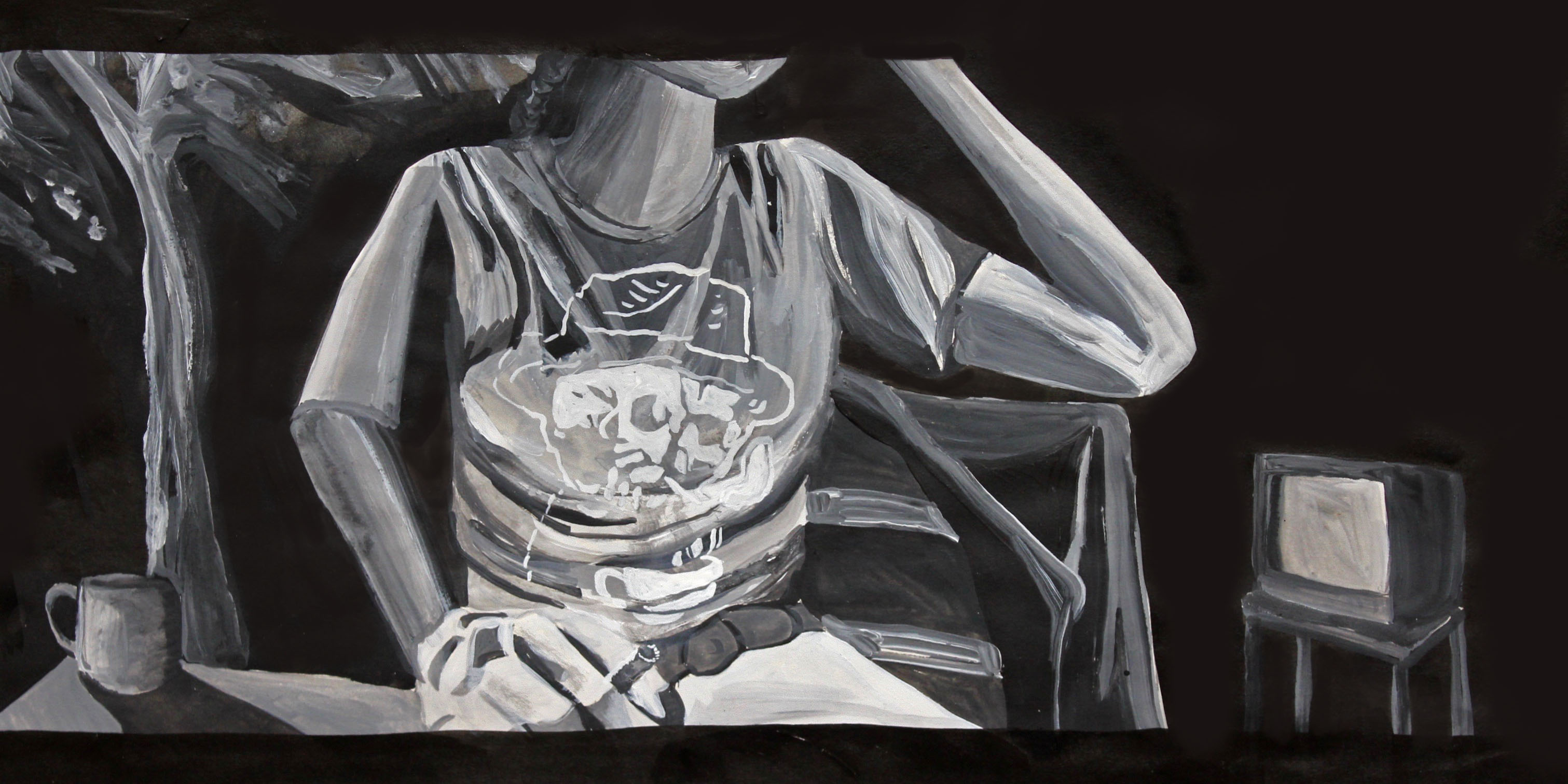 Elsie listens to the blues on the radio outside The Parodize Motel, wearing her band t-shirt. Her soap opera has finished and the TV flickers in the background as the others gather under the baobab tree2016Acrylic and ink