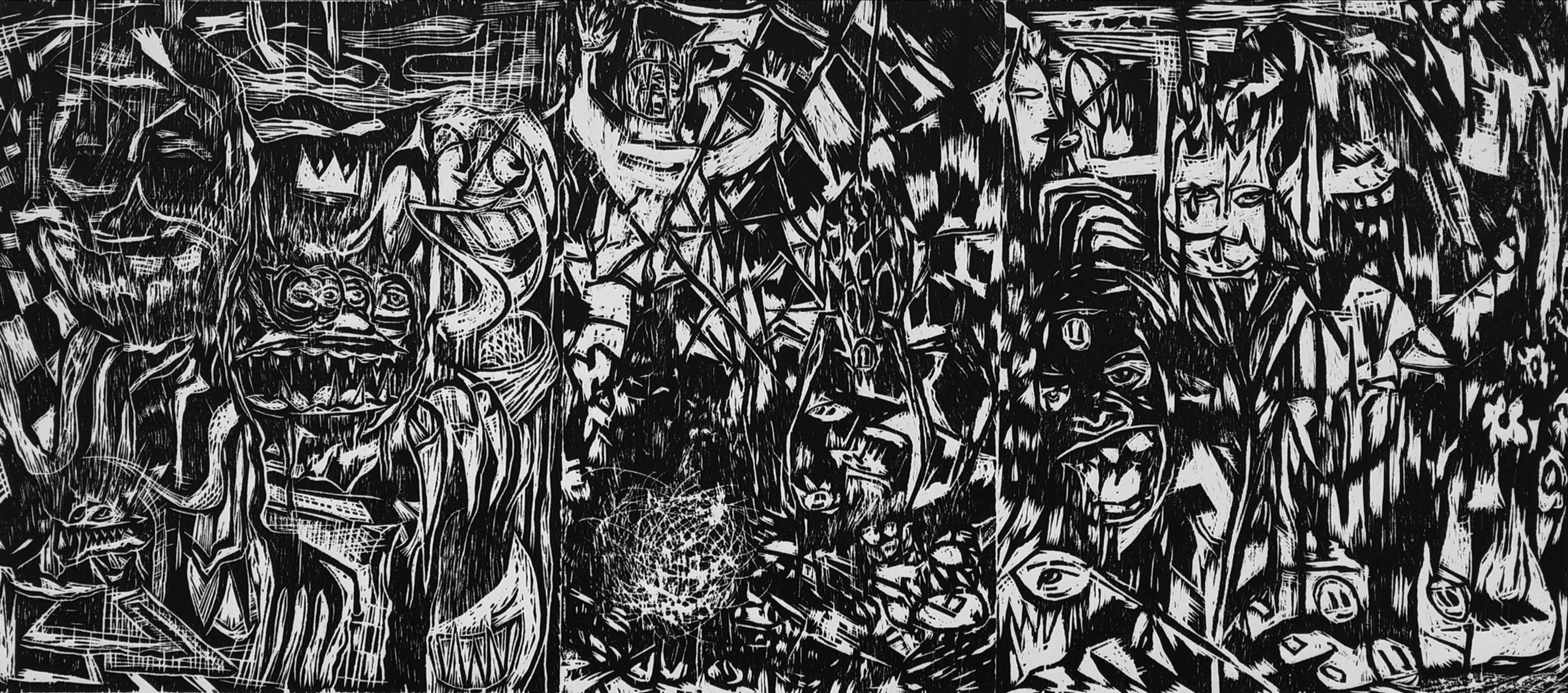 "Danger, Danger", Woodcut, 9" x 20", 2022