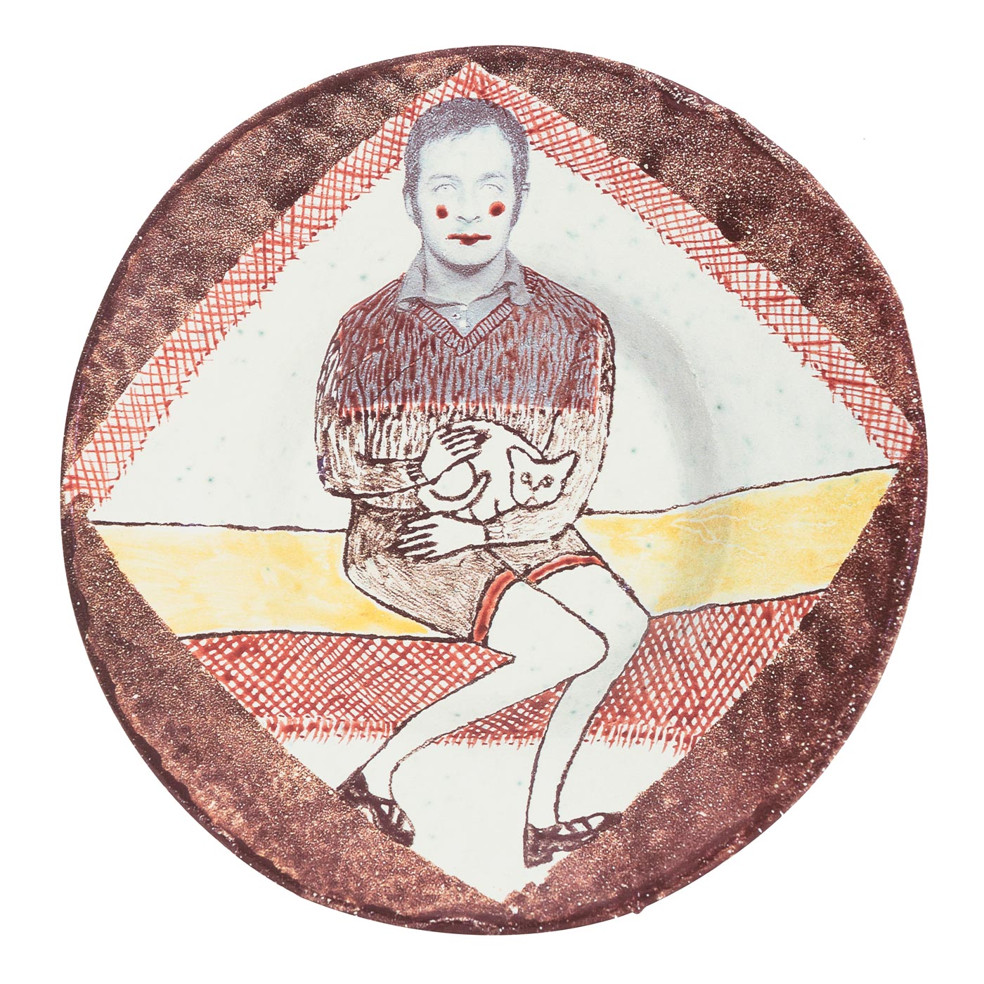 Self-portrait with cat, 11.3.2003Glazed ceramic stonewareDiameter 18cm