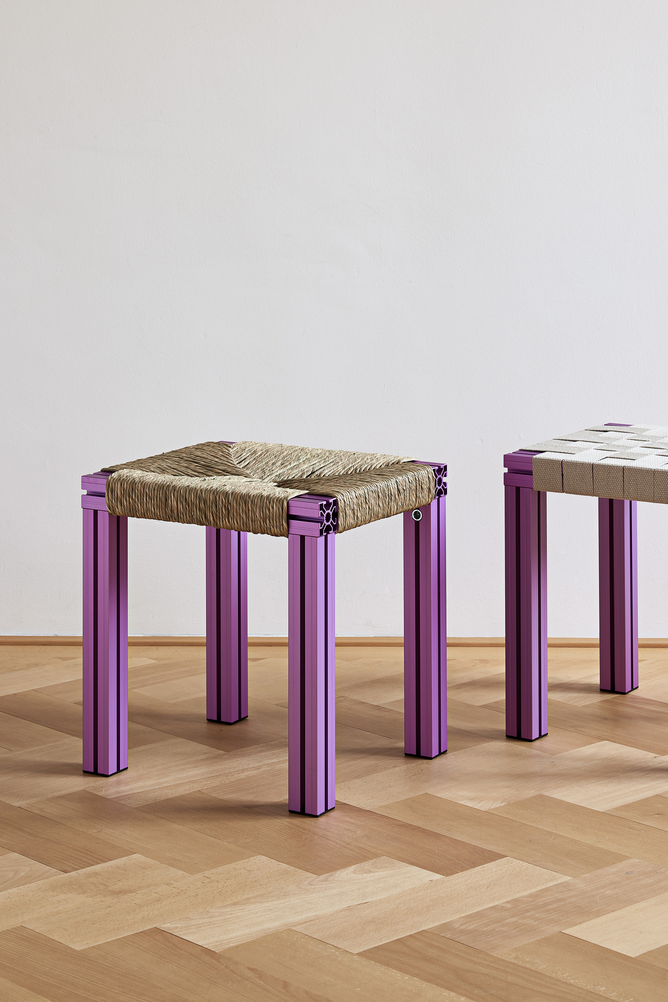 TINO SEUBERT, Anodised Wicker Collection Stool, 2022 Extruded and anodised aluminium, reel rush wicker