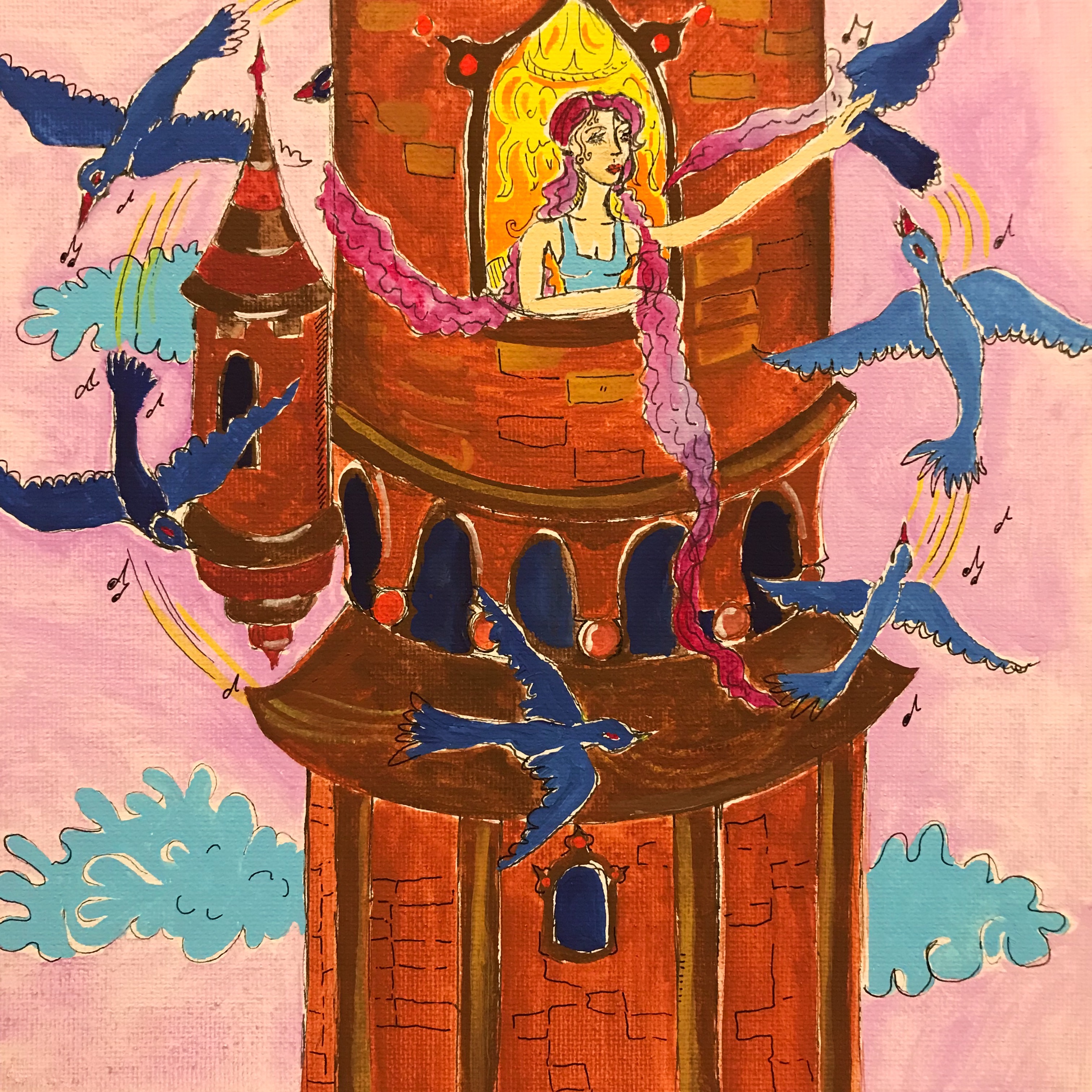 The Bird Messengers, 8 x 8 inches, Gouache, 2019.