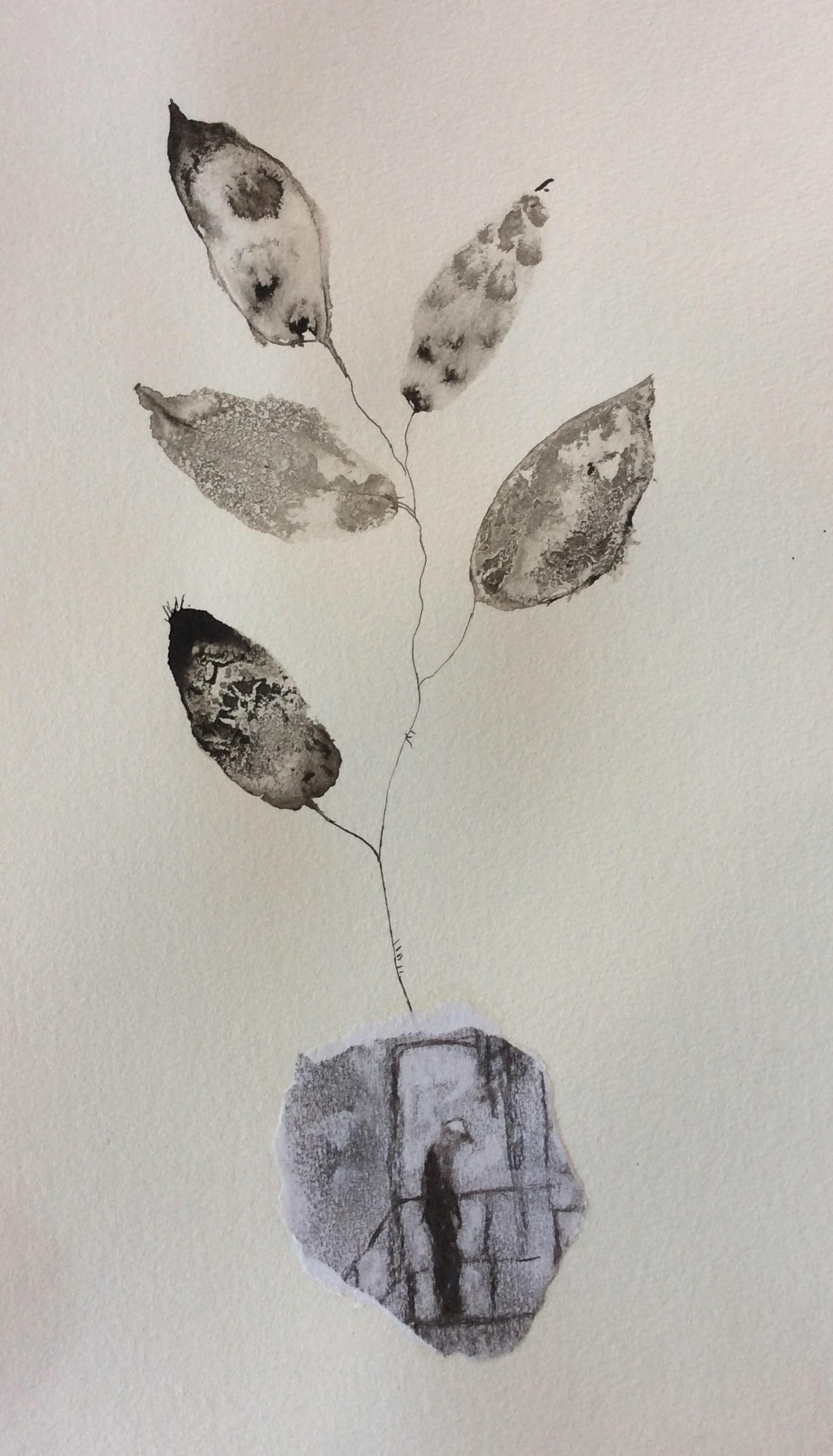 Bladeren en mens , inkt en collage op papier , 2019