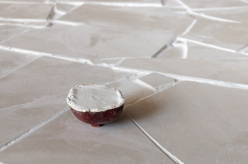 Samuel Payne, 1,380 lb Gambit, June 20, 2013-March 8, 2015, Tile, thin set, grout, chalk line dust, fruit peels, photograph, threshhold, dimensions variable