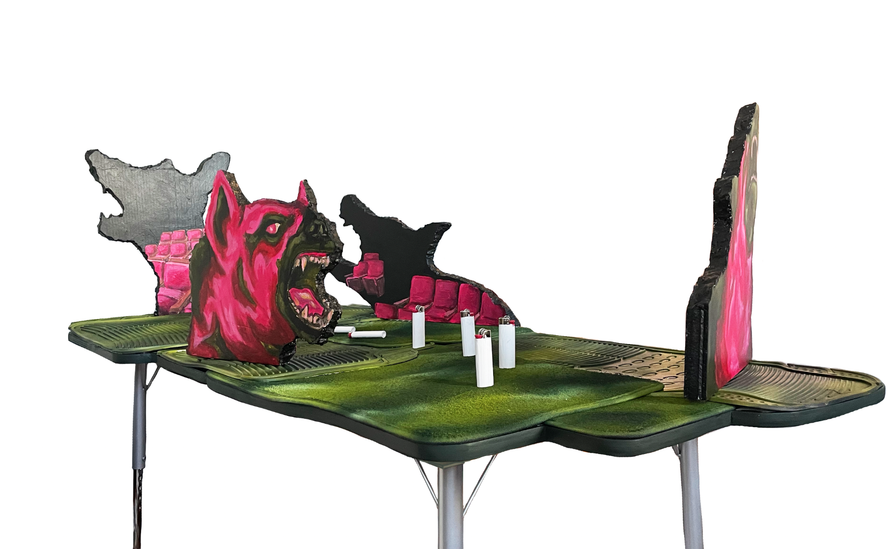 Lunch Block Lockdown (Nuh Uh) 2021, 62” x 35” x 41” Acrylic and spray paint on insulation foam board, car floormats, lighters, metal school desk legs plywood