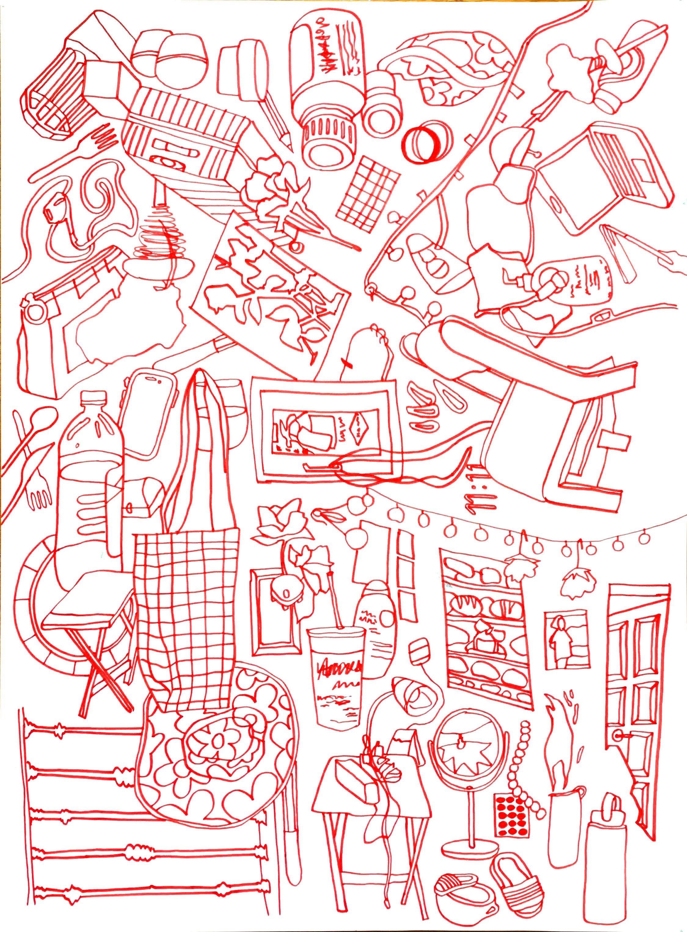 living spaces, red ink on bristol, 18" x 24" (2020)