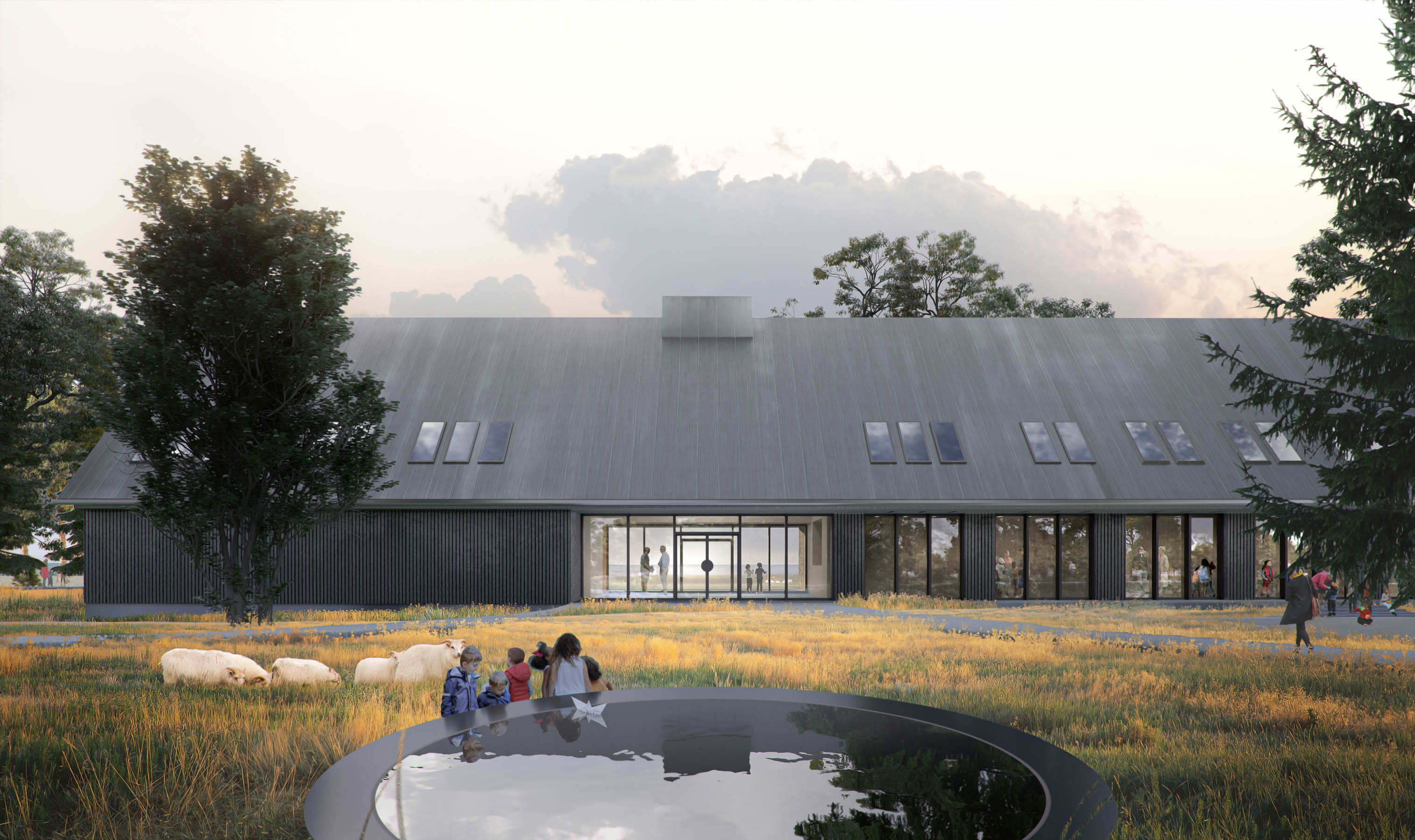 Rendering of the Haus des Gastes, Amrum in black burned wood by Bittmann &amp; Volkmann Architekten.