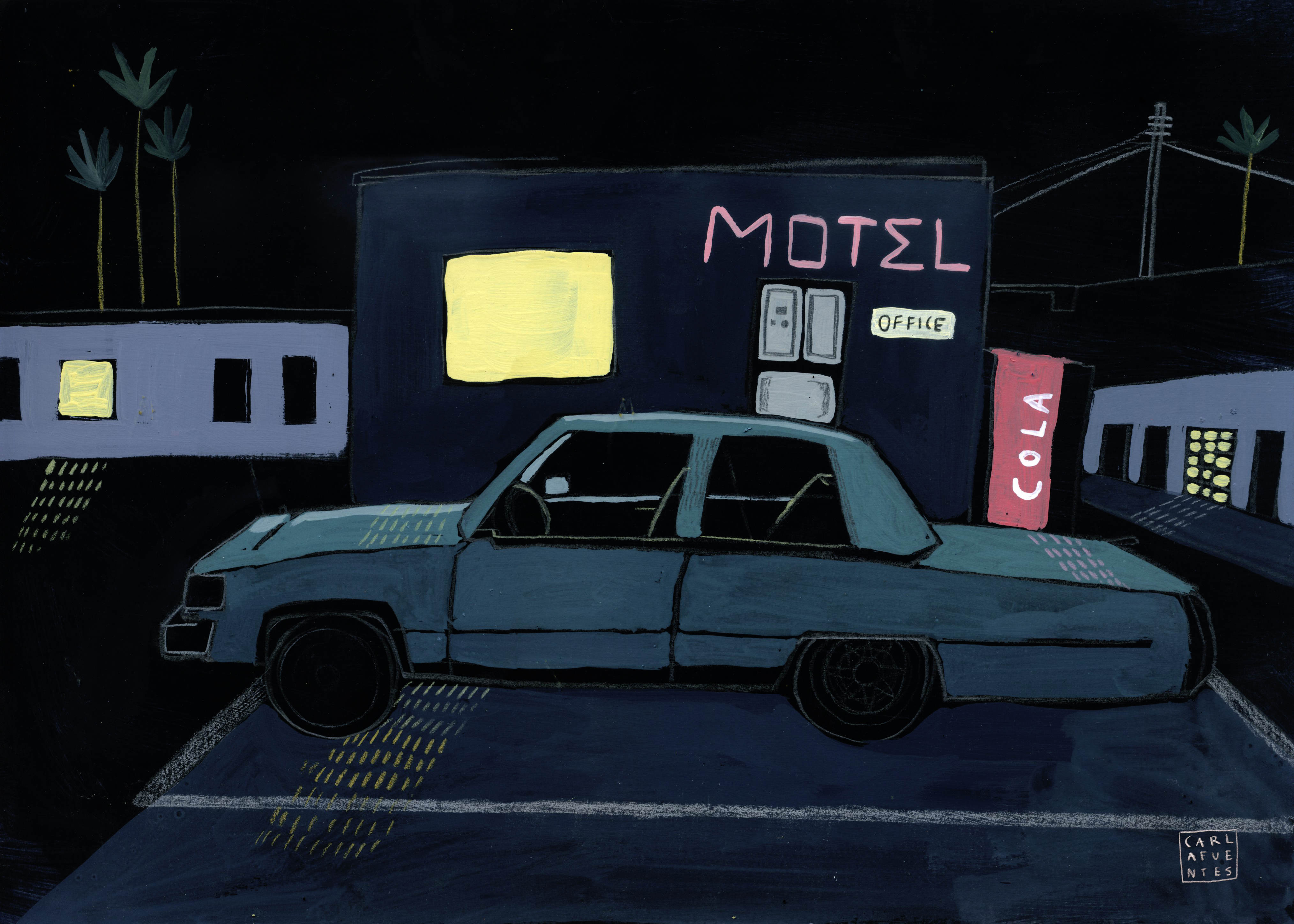Coche en el motel. Gouache on paper. 2016