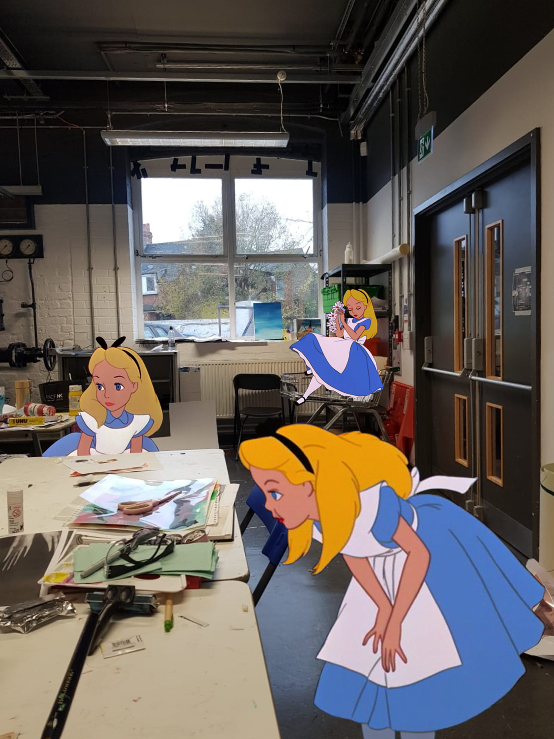 you guys wanna go get lunch? (2020) I started exploring using multiple poses of the same character and having them blend and seem comfortable with everyday life, much like kondakov's works. this piece also utilises alice's appearance as a way to add numerous bursts of colours to the photo and also serves to draw out the very few instances of bright, harmonious colours that were also present in the studio at the time.