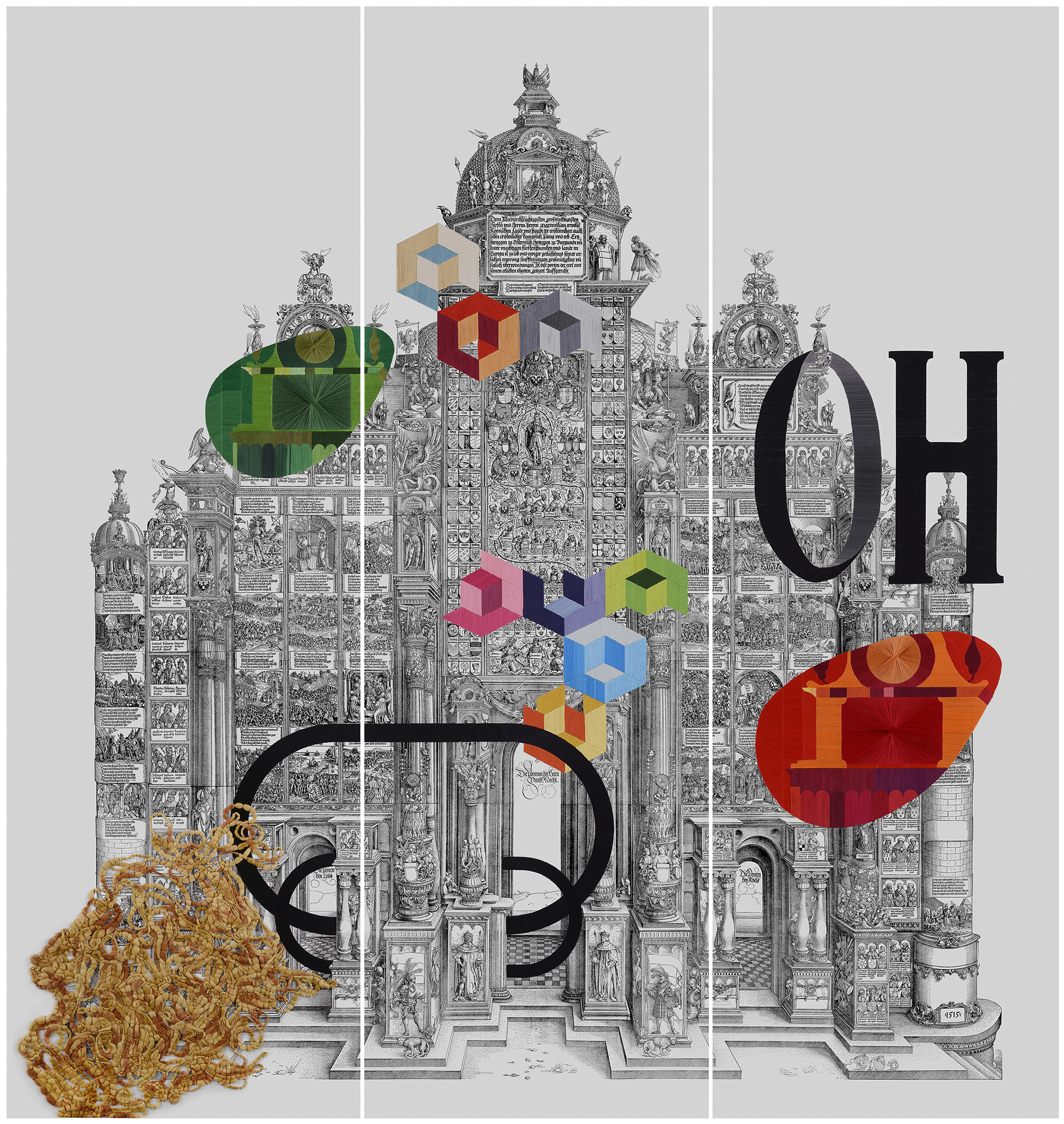 Arco de Triunfo, 2019. Bordado sobre tela impresa, 332x309cm (Tríptico)