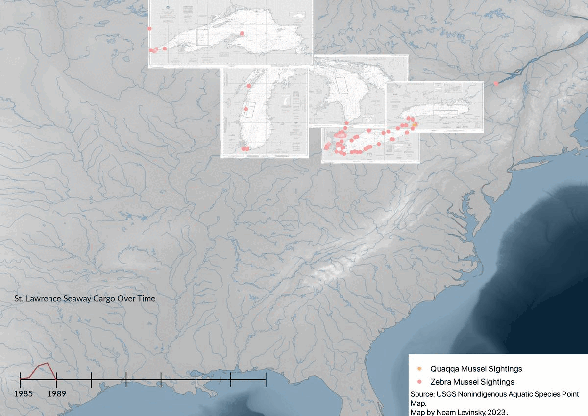 Cumulative Zebra/Quagga Mussel observations and St. Lawrence Seaway Cargo over time. Noam Levinsky, chart images from NOAA ENCs, 2023.
