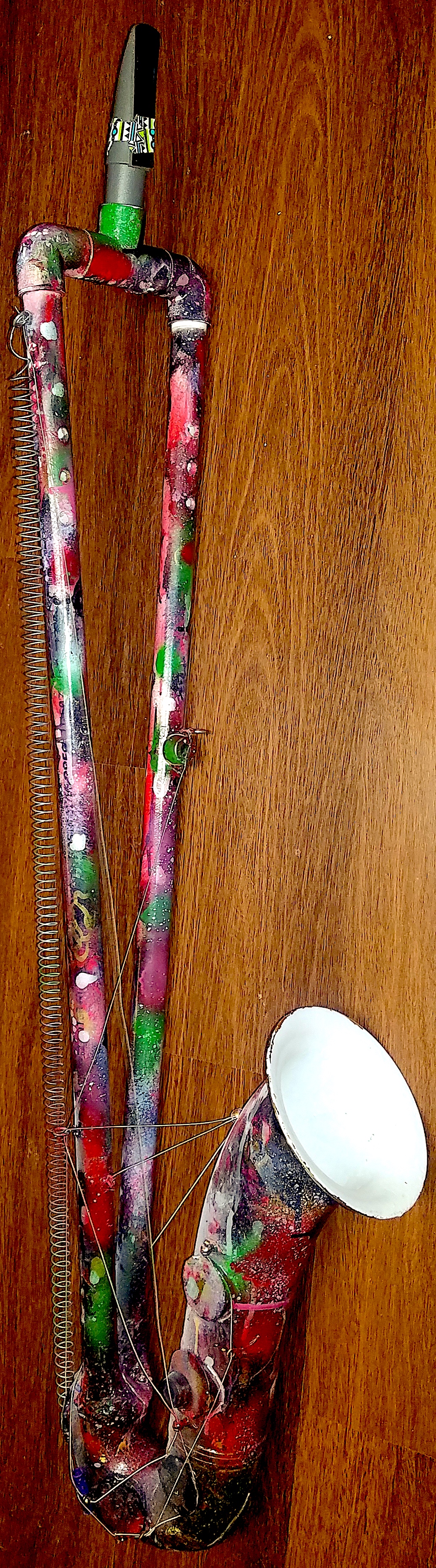 "Shoulders of Baphomet" someone named this. Huge 4 foot job from the lower portion of the straight tenor with strings and flapping tone holes in the bottom with weird vibrato effect. love this one been played live a bunch, perfect with xray reed 2018