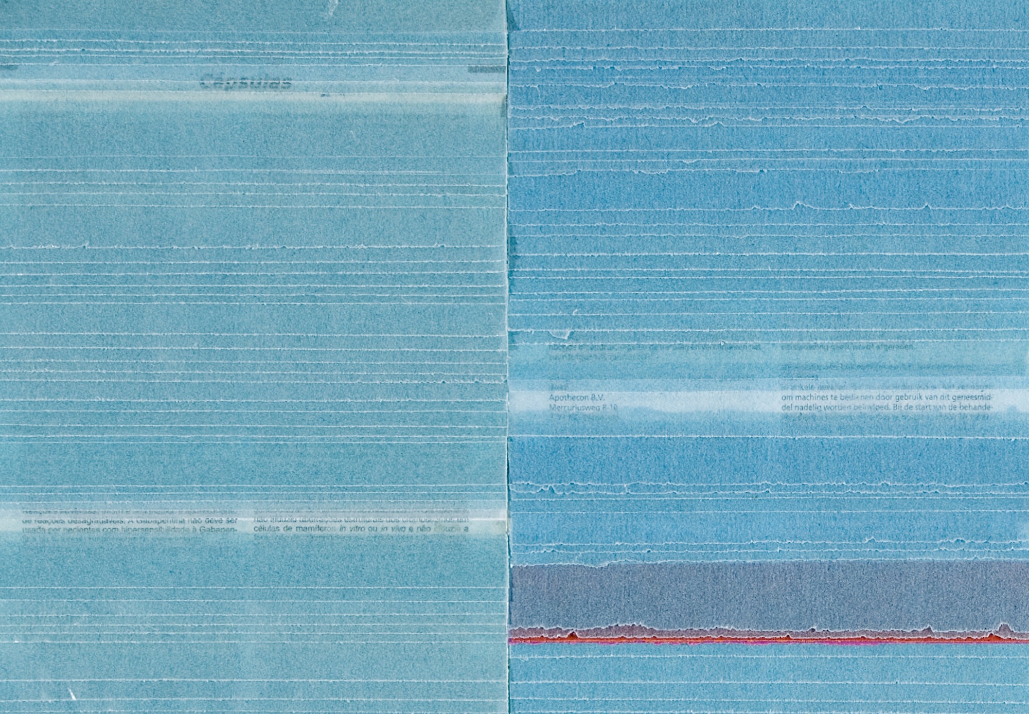  Blue Litany, 2013 (detail) . Medicine information leaflets, fragments of cloth, double tape and transparent blue paper . 60 x 65 cm 