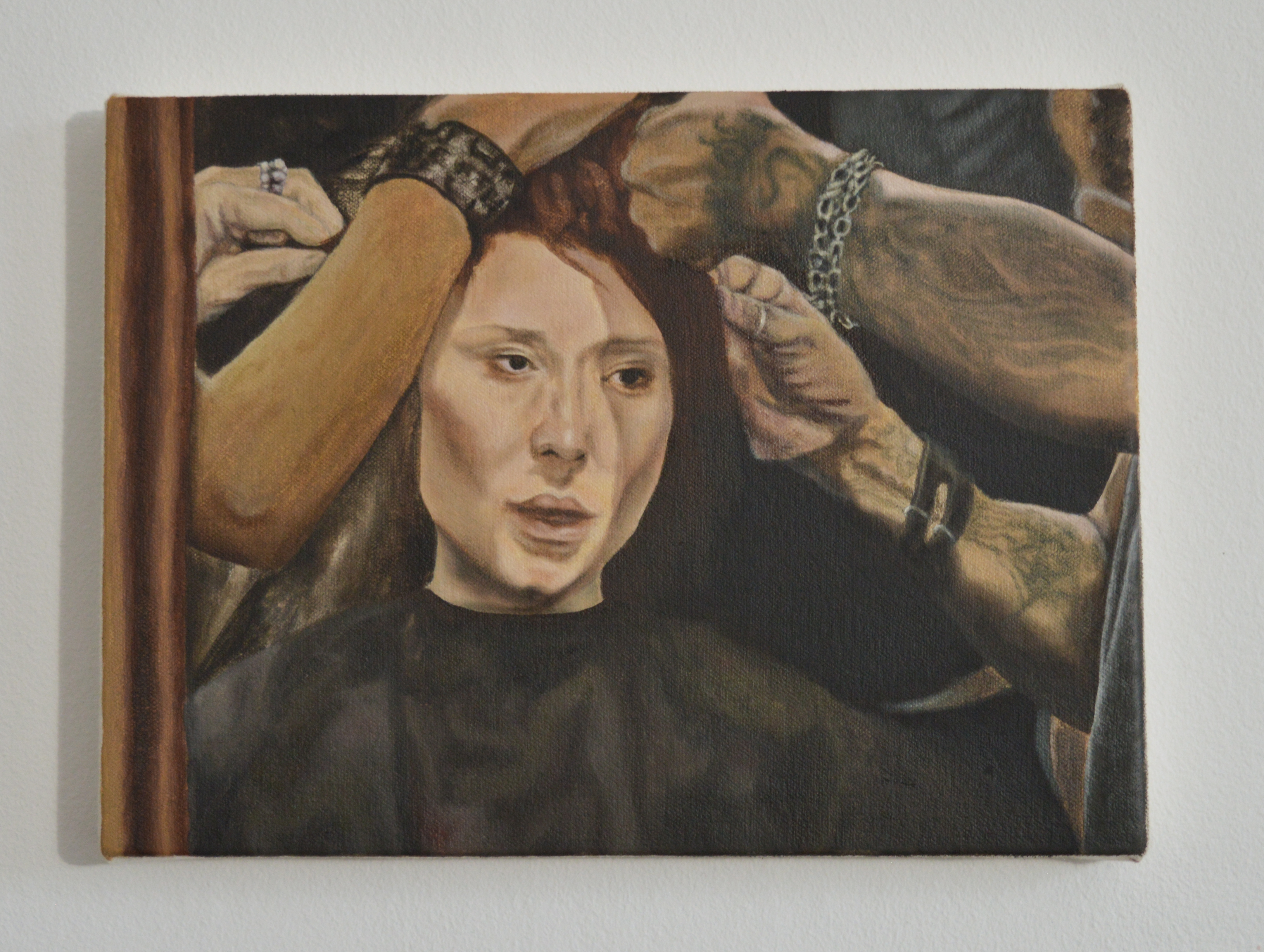 antm cycle 8 (2007): the makeover episode   oil on canvas, 18 x 24 cm   America's Next Top Model, Cycle 8 (2007), the makeover episode. Jael was assigned a long brunette sew-in weave, for which she endured a painful day-long installation process. Once this was complete, a message from show host Tyra Banks informed the hair team that Tyra believes the new long hair has made Jael look 'less edgy', and that it should be removed and cut short that same day.   The screen-capture that I used as reference for this painting was just as Jael's hair was being taken out. This episode was titled 'The Girl Who Cries All The Time', after one of the other girl's reaction to her makeover. It was somewhat legend throughout each season that the girls would cry during their makeovers - which they were arguably coerced into by the prospect of prize winnings.    As the show went on the makeovers would often get more and more dramatic, garnering more and more dramatic reactions from the girls, who often felt they had no choice but to say yes to them. 