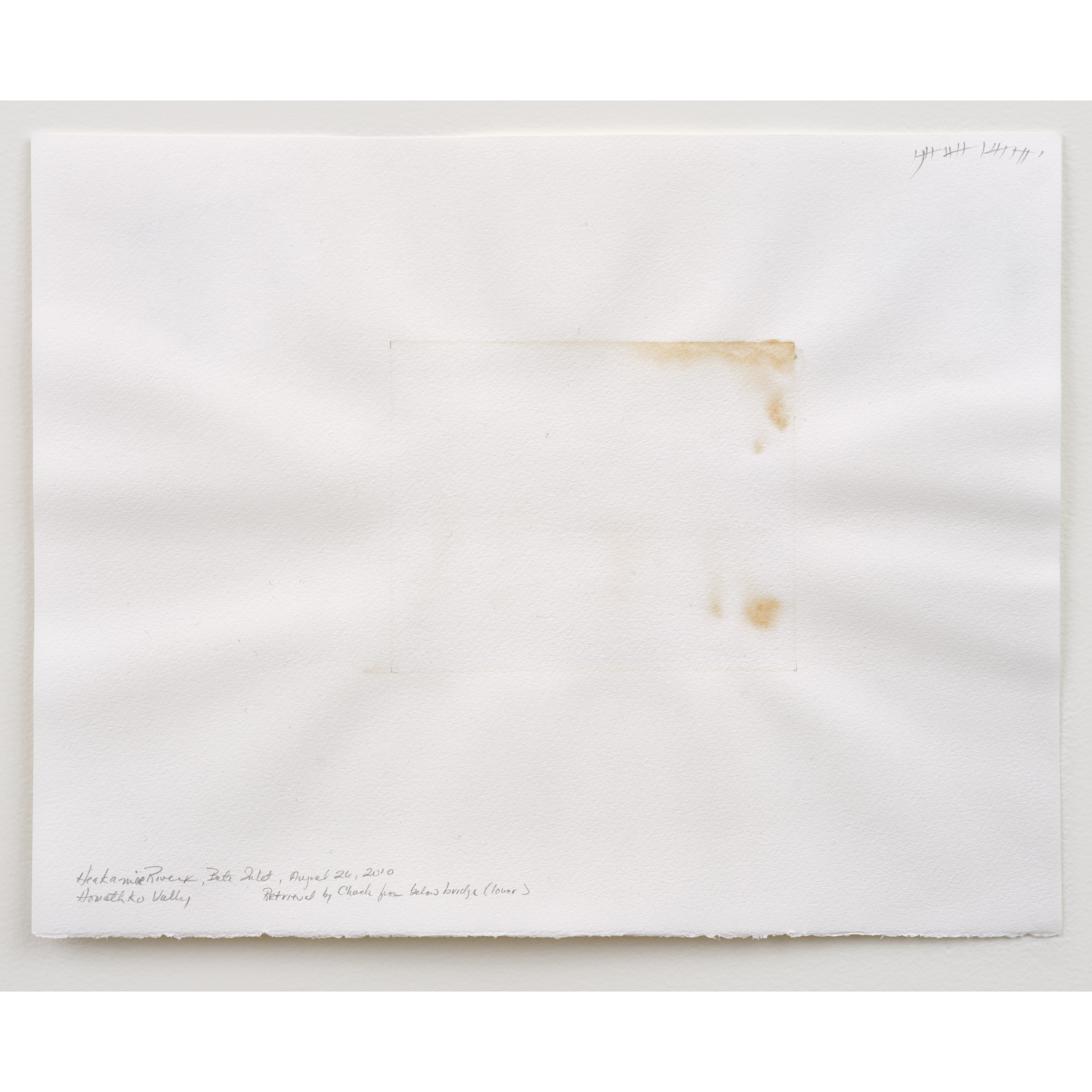 Judith Williams, Heakami River, 2010. 28 x 35 cm / 11 x 13 3/4 in. River water on paper (21 layers). Collected on August 26, 2010 by Chuck Burchill from below bridge (lower).