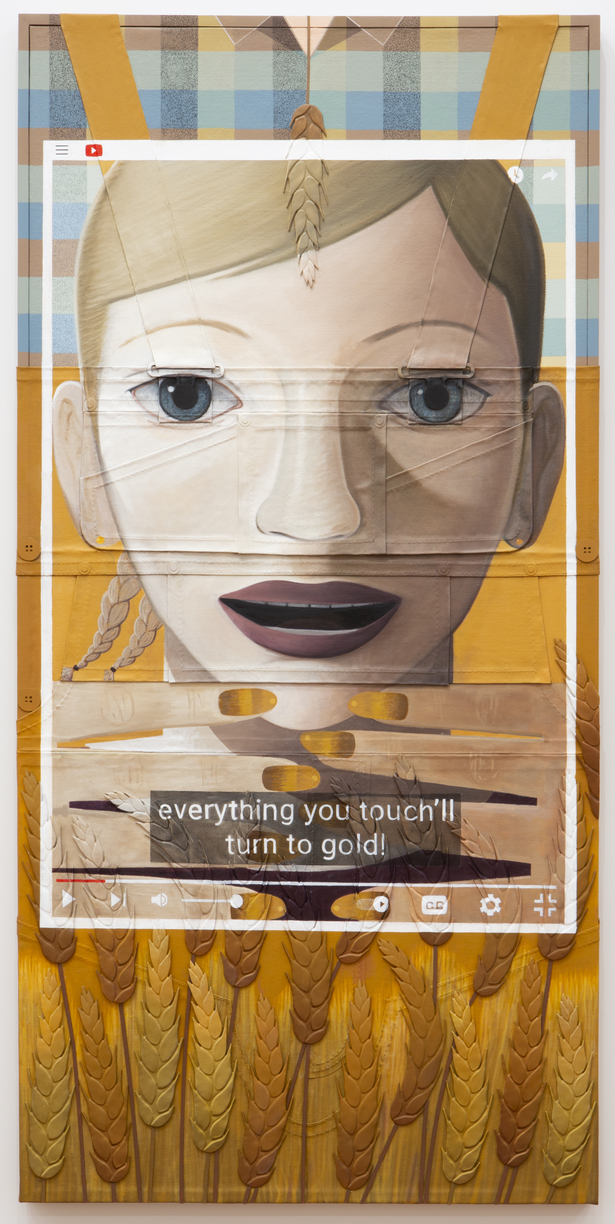 Influencer X Farmer, oil, acrylic, denim and 3d-printed plastic on canvas wrapped panel, 64" x 31", 2022