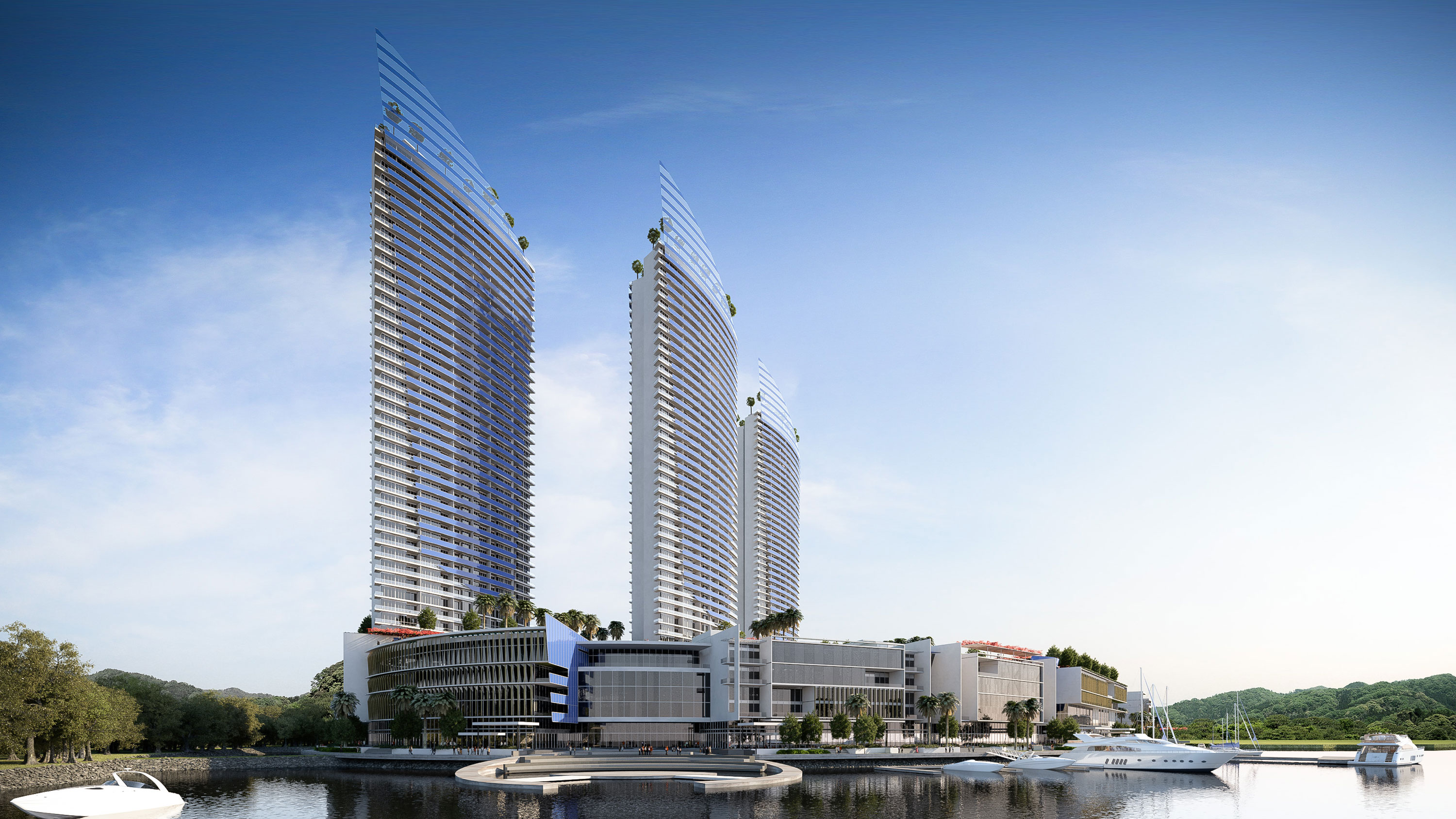 The lakeside precinct at BIW Johor Bahru viewed from the Marina, offering views to proposed contemporary architecture.
