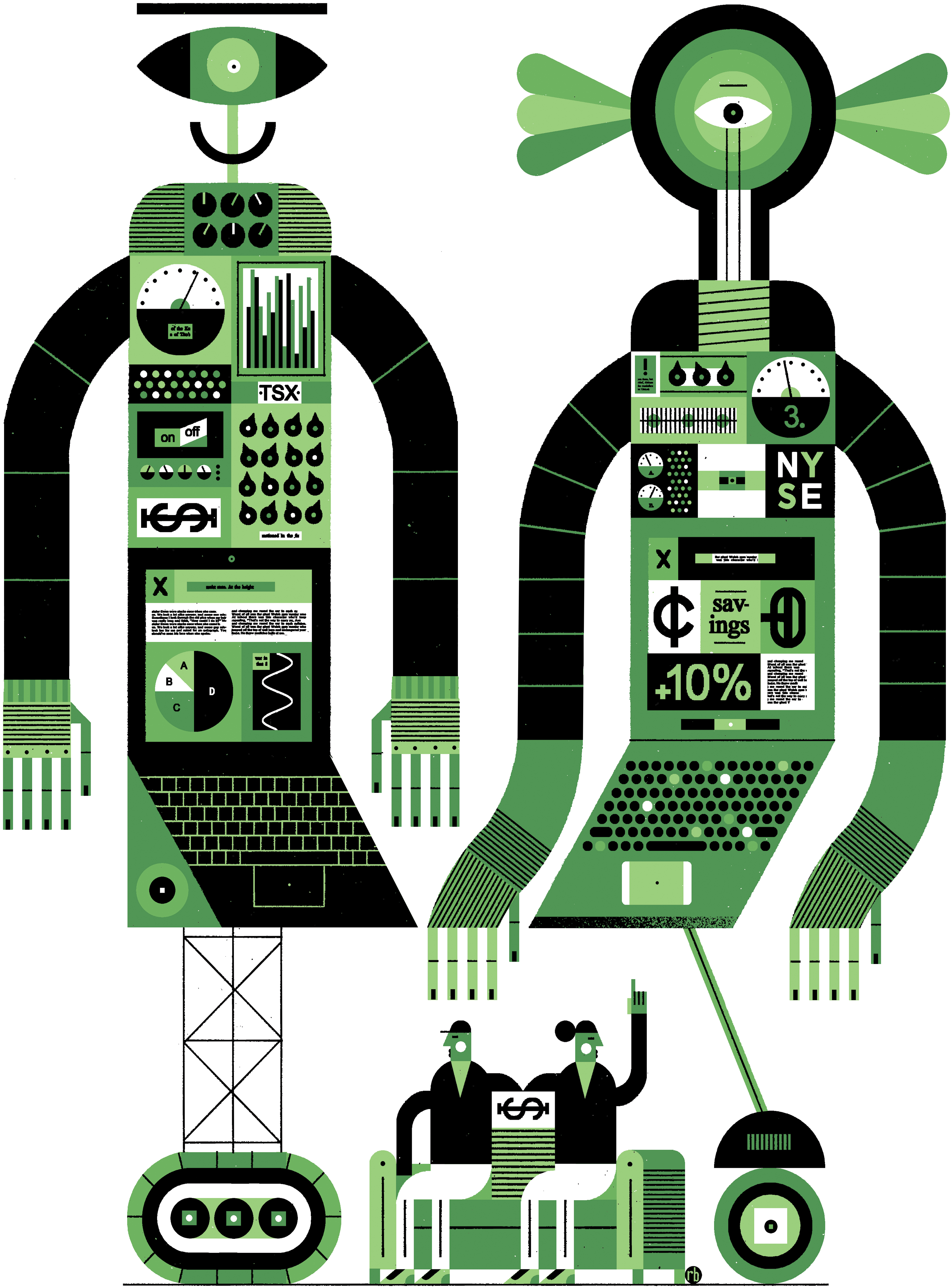 Green and black illustration of two robots in conversation
