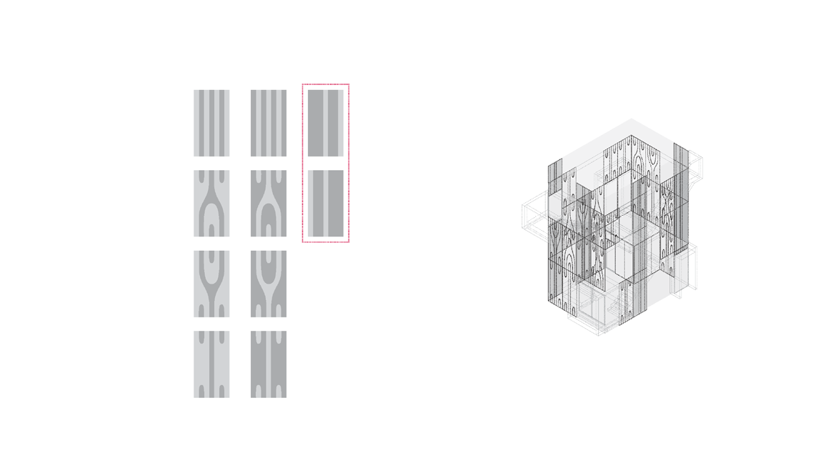 Use gradient line-patterned fritted glass to enrich its complexity