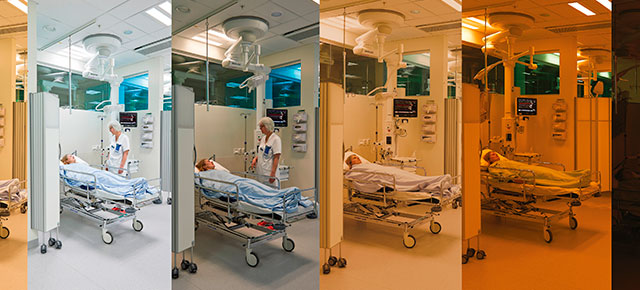 Photo of a hospital room with changing circadian lighting