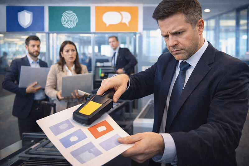 Awkward stock photo of a serious security checkpoint in a modern office: a stern &ldquo;quality gate officer&rdquo; in a suit uses a handheld scanner to inspect a printed blog post page covered only in abstract shapes (no readable text). Behind them are three labelled lanes shown only as icons (shield / fingerprint / speech bubble), no words. People in the background look nervous holding laptops like passports. Overlit, staged, slightly uncanny, wide banner crop, no logos, no text, no watermarks