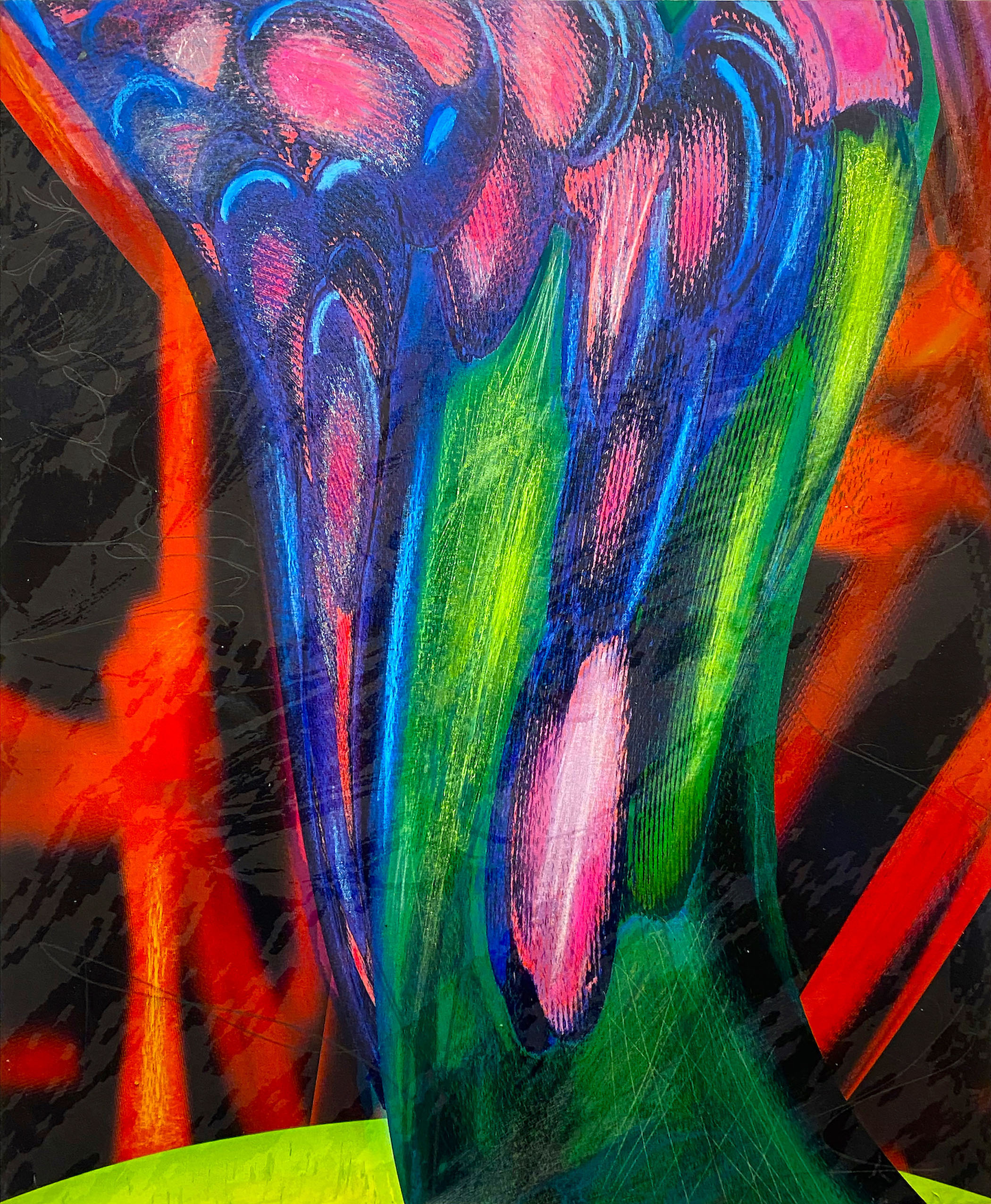"Memory Foam", Screenprint, acrylic, and oil pastel on pigmented inkjet print on Photo Tex, 19.5" x 14",  2025