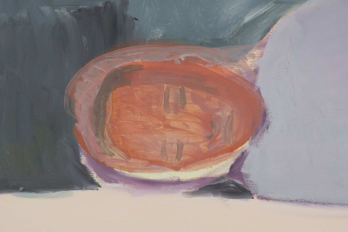 Gregory Olympio, Visage, couché orange (2025) | Acrylic on canvas, 48.5 x 63 x 5 cm (detail)