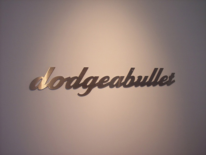 DODGEABULLET, 2006, Lasercut brushed stainless steel, 7x60 in, Paul and Lulu Hilliard University Museum, Lafayette, LA