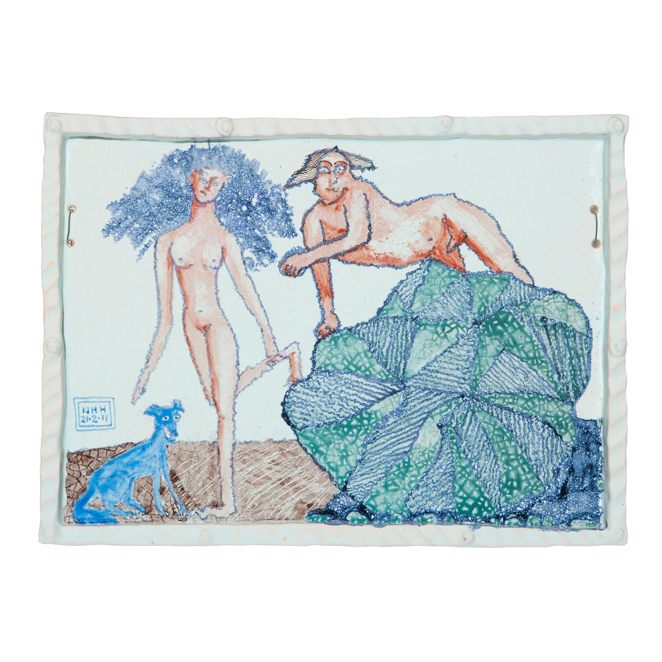 Plaque with nude figures and dog, 21.2.11Glazed ceramic stoneware