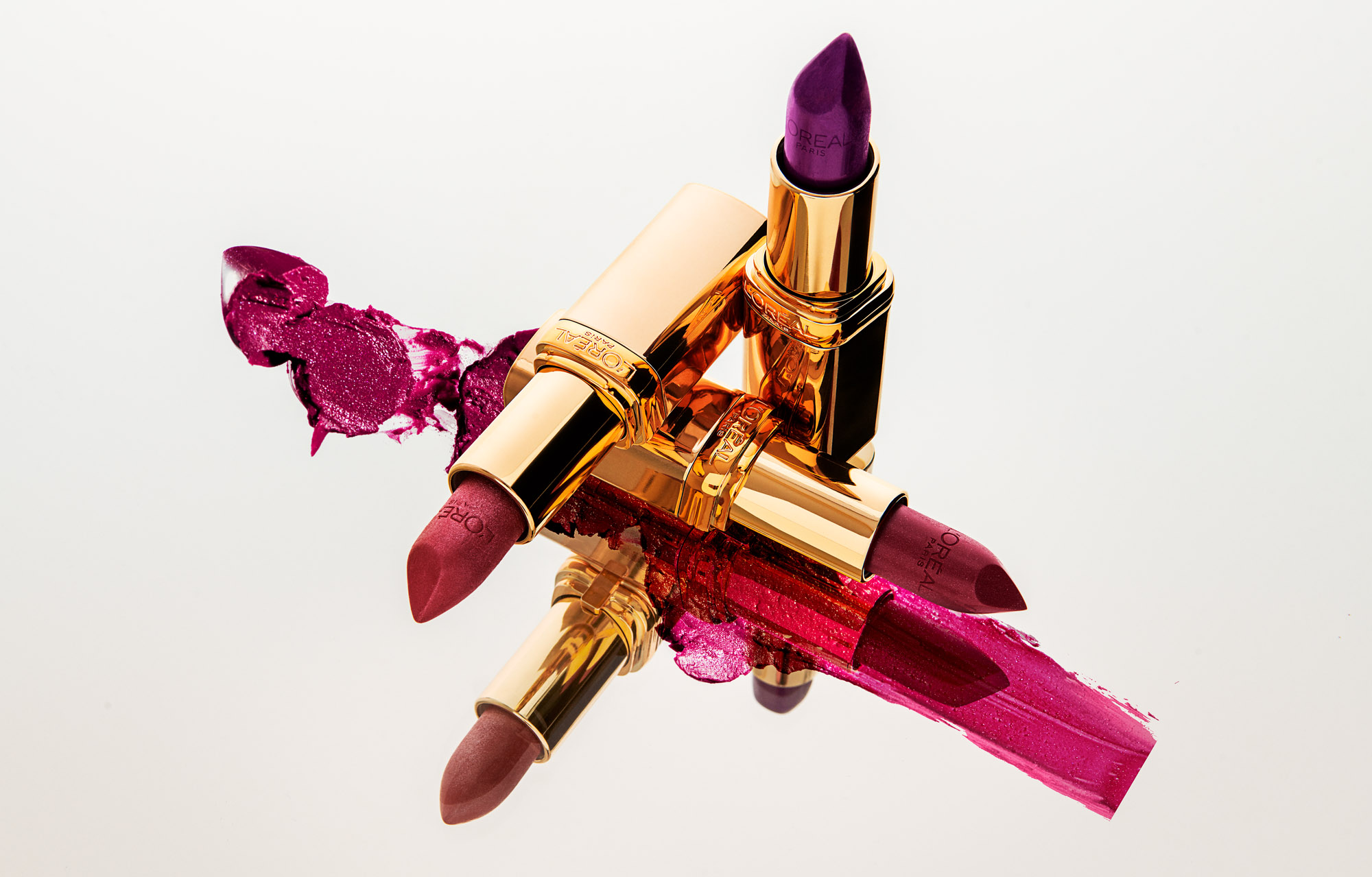 A colorful lipstick trio and satisfying textures for L'Oréal Paris Lipstick, captured by Still Life Photographer Martin Vallin
