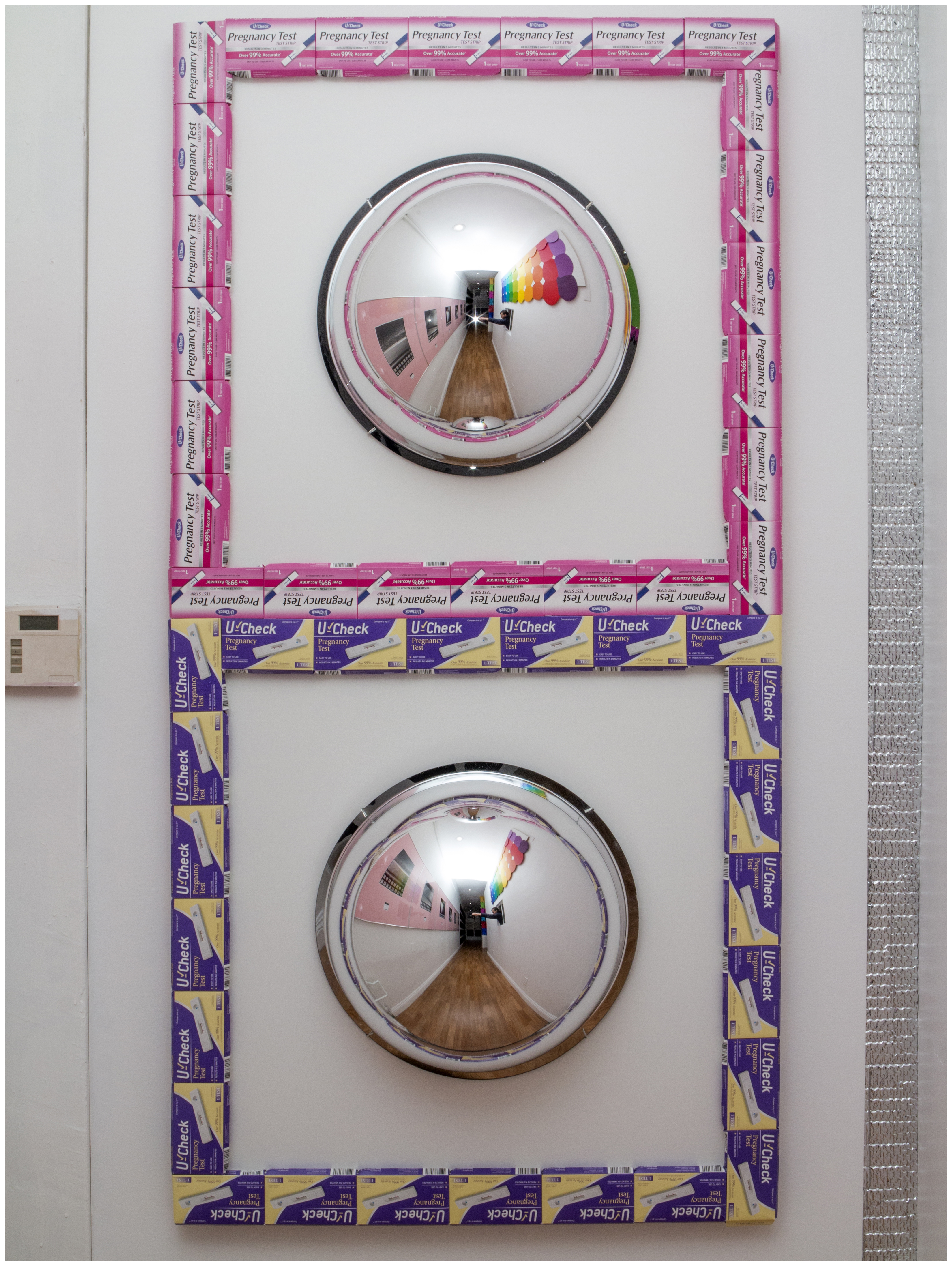 U-Check Pregnancy Strip and HCG Cassette, 2018One case of pregnancy strips, one case of HCG cassettes, full-dome acrylic safety mirrors, melamine36.141 x 72.094 x 9.063 in.91.8 x 183.12 x 23.02 cm