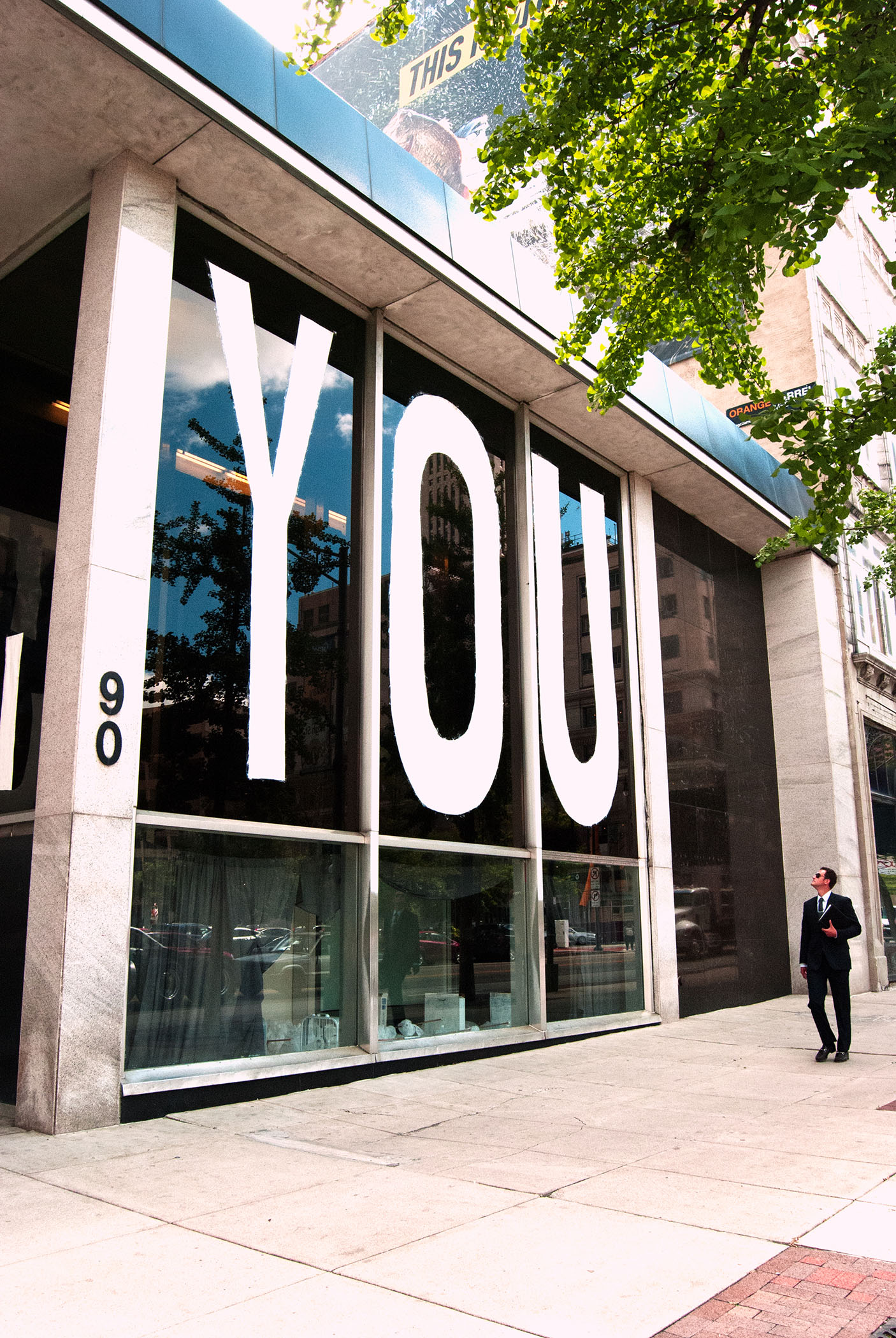3/5 — PORTEND.  While in residency at MOTE90 in Columbus, OH, Quinn used a former banking institution's interior as a studio space and site for her installation project PORTEND.  This project was curated by Nayeon Yang.  With the building scheduled for future demolition, the installation's various elements included hand-cut paper, transparent packing tape, drapery, box fans, box fan boxes, copper pipe, 1,000 single-use plastic shopping bags, plastic jugs of water (one open), 2015.