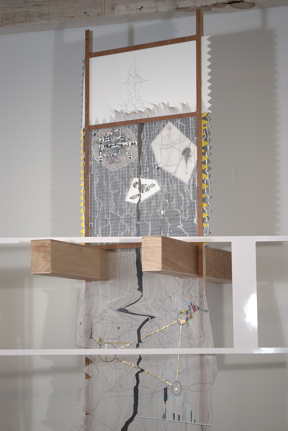 ghost of pj  Ink, graphite, metallic tape, aerosol and gold leaf on paper and mylar. Laminate and wood. Paint and incisions on wall. 2011 - 103 x 40 x 28