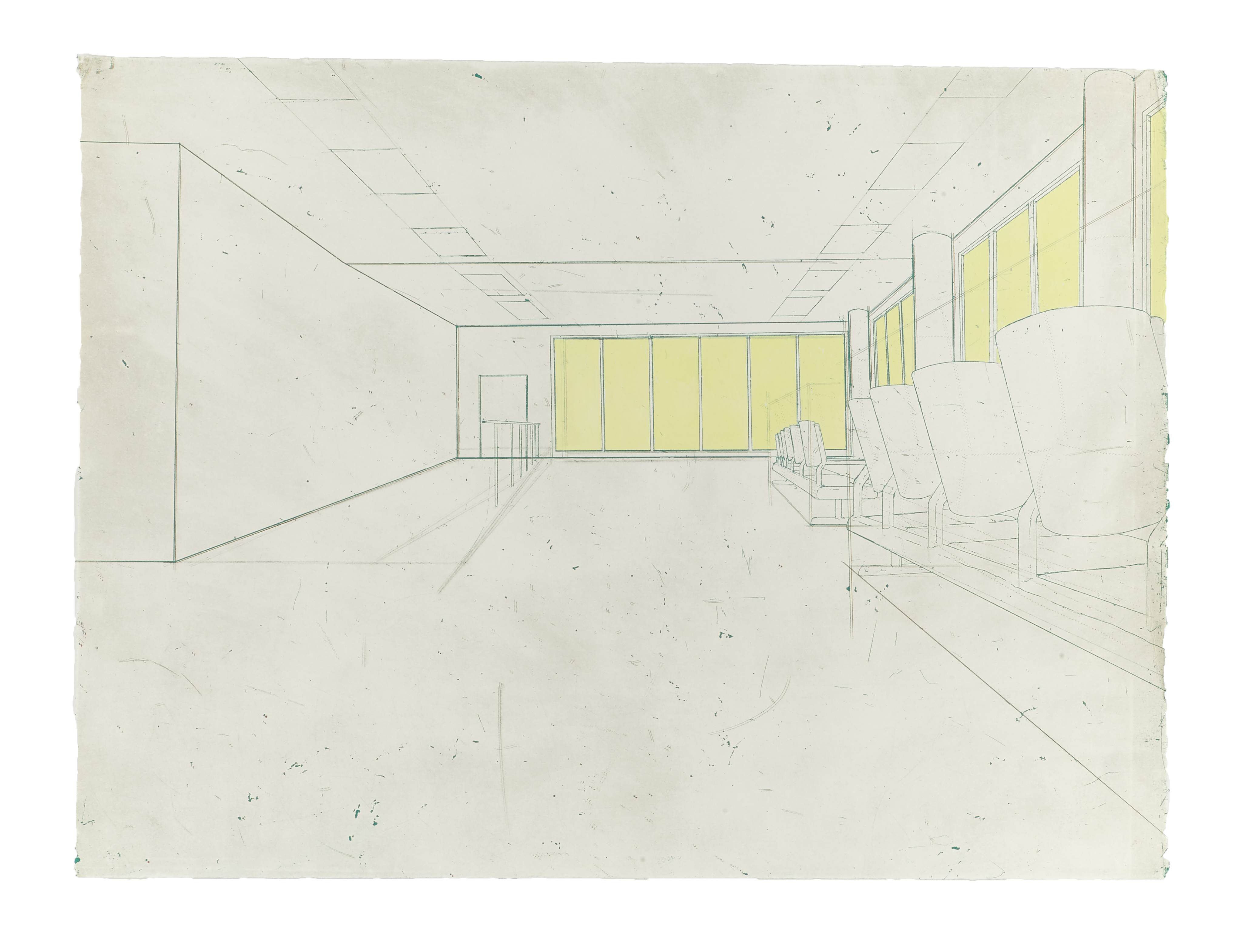 Waiting Room, intaglio with hand coloring, 18 x 24, ed.of 5