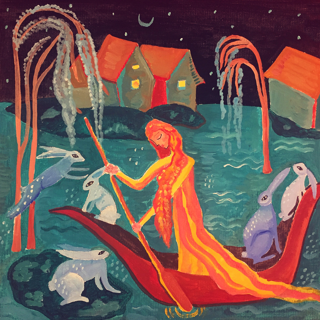 The Princess Escapes at Night, 8 x 8 inches, Gouache, 2019.