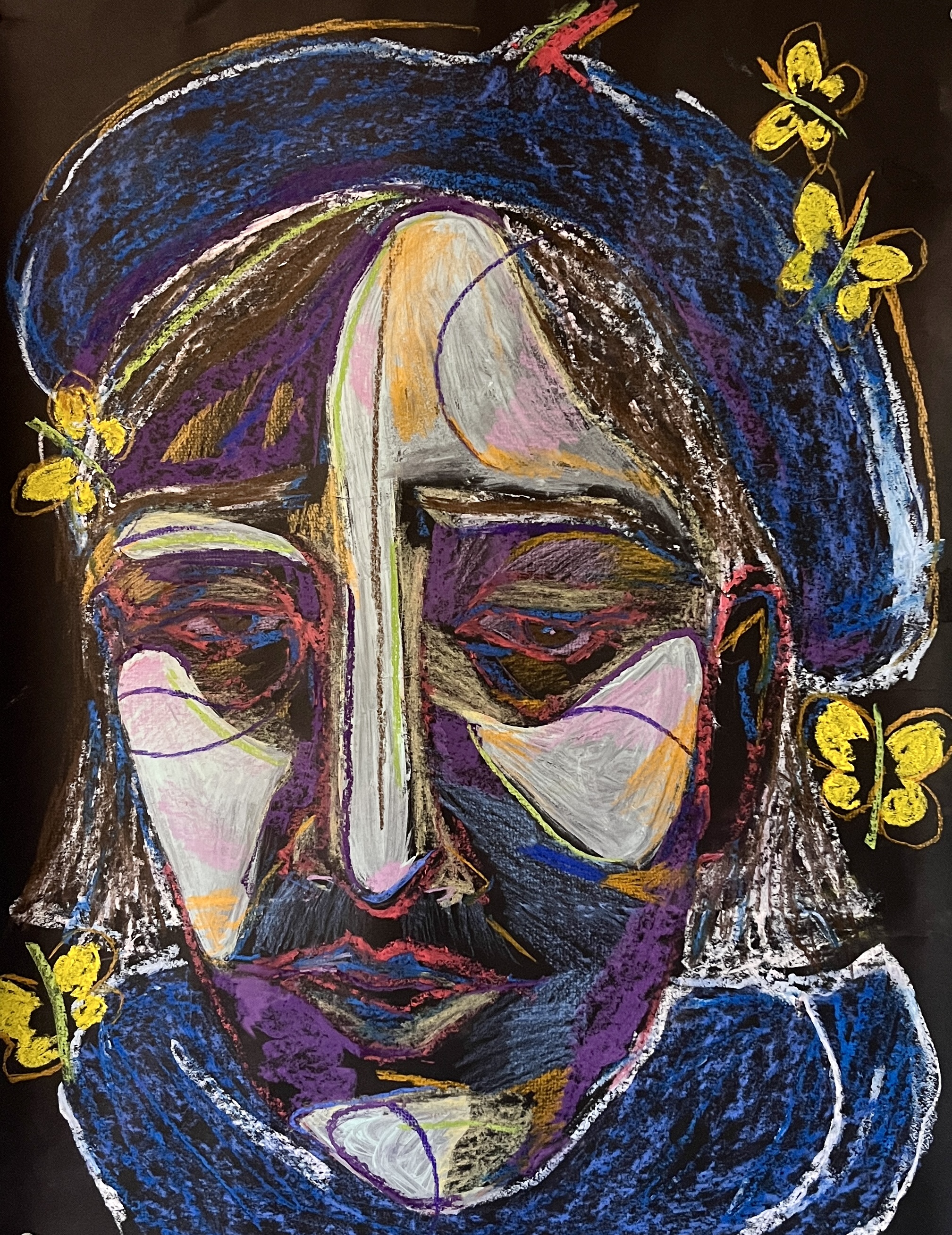 mother immigrant, 20x24 oil pastel chalk and colored pencil on black cardstock.