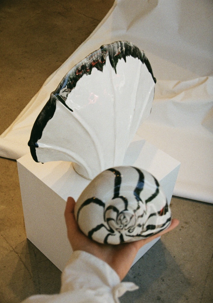 SHELL RATTLE XXX AND XL SHELL III, 2023, GLAZED STONEWARE. INSTALL VIEW, VIOLA LOVELY, WENHAM.