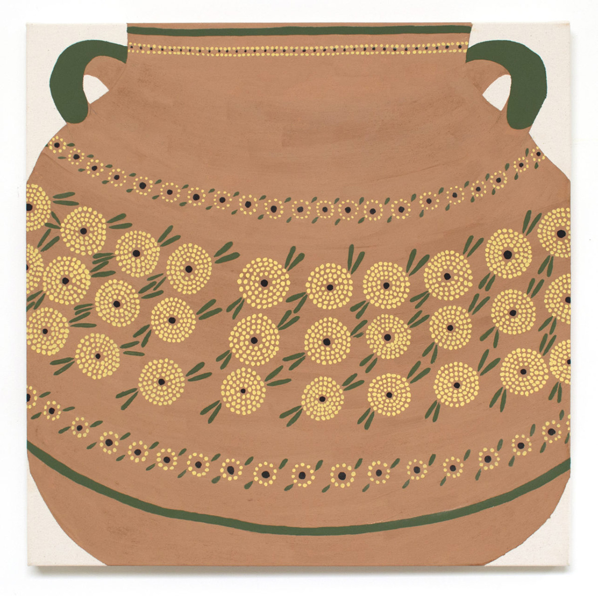 "Olla con flores", clay slip and vinyl paint on raw canvas, 24" x 24", 2017