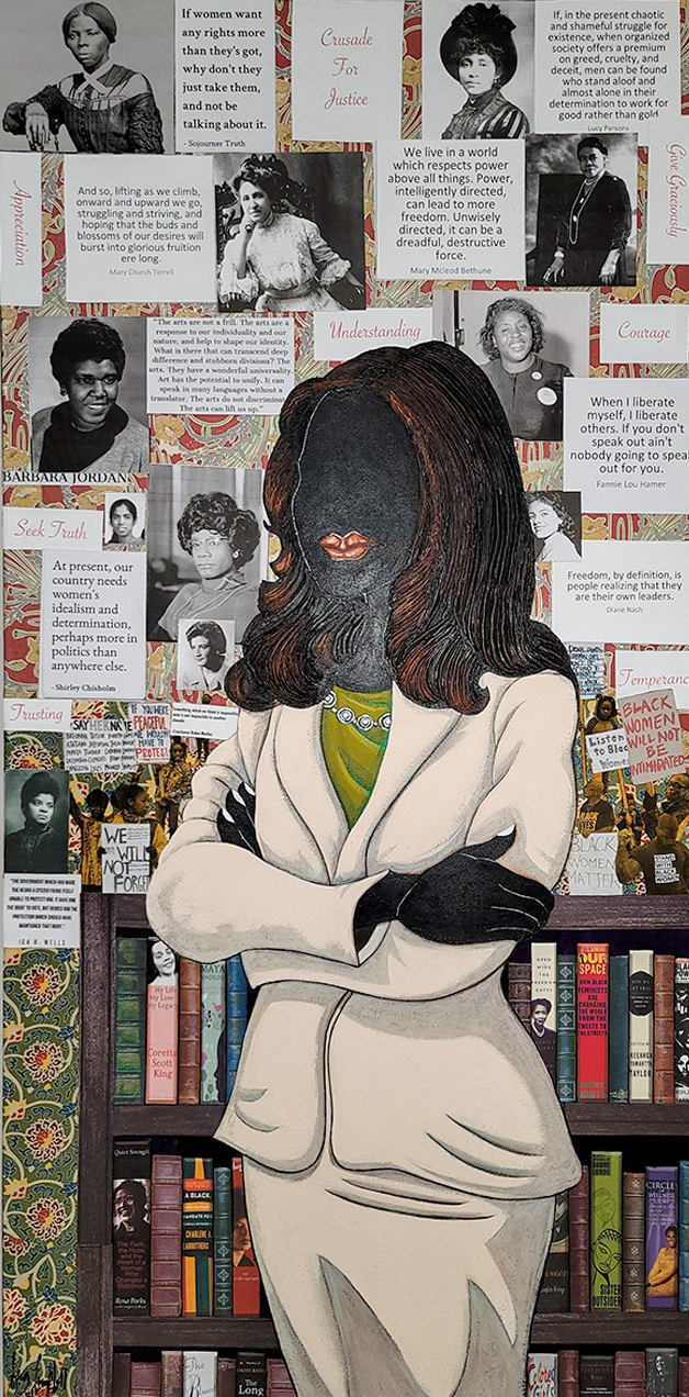 A cartoon of a woman in a white suit, brown long hair, and only a mouth for her facial features is standing in front of a bookshelf and wallpaper with many black and white portrait photographs accompanied by text.