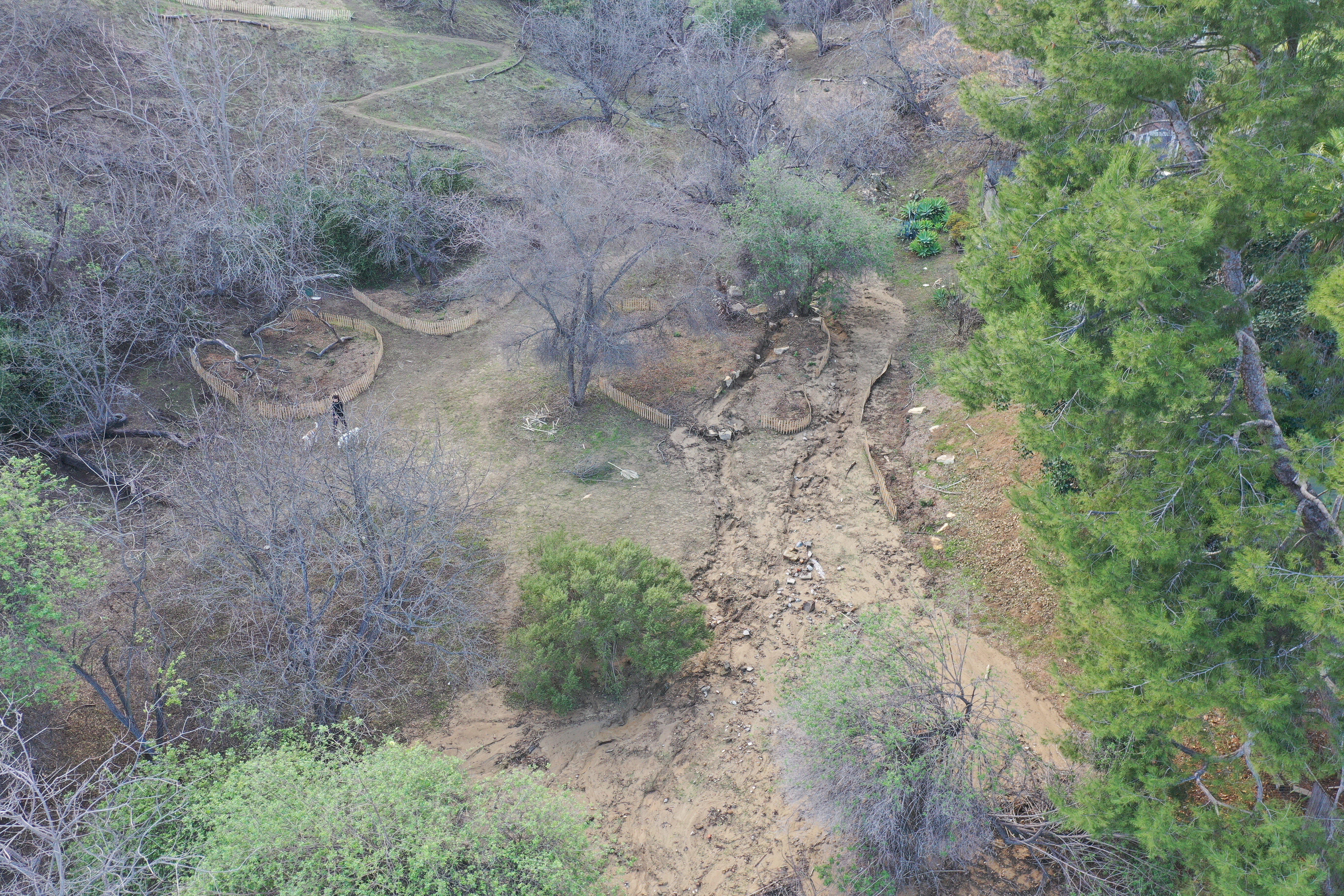 Fig 5. Aerial post February 13, 2025 storm. Nearly 2.8&rdquo; of rain. The lack of grasses reveal the extent of the flow and perhaps affected the watercourse? Photo Credit: Alex Robinson