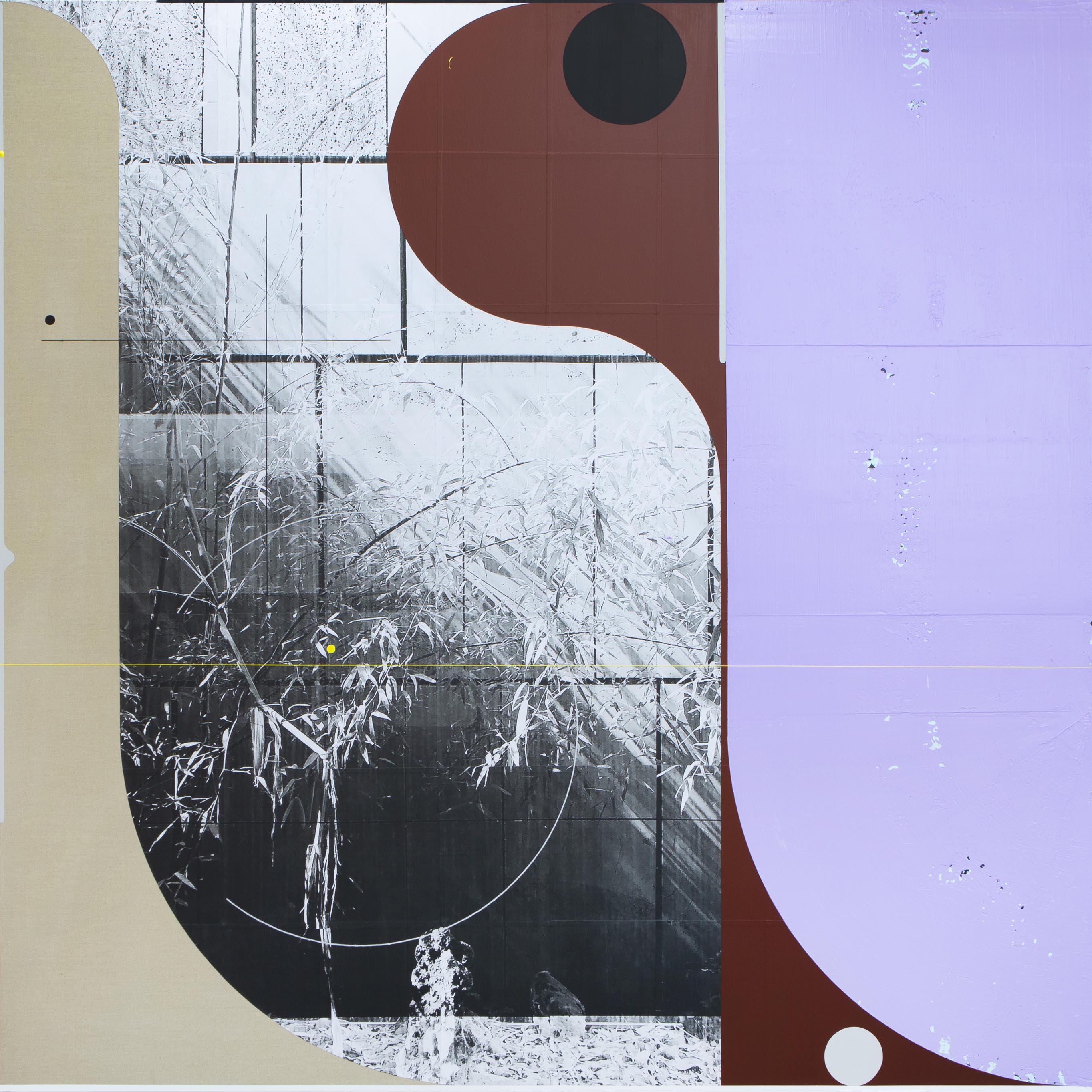 Rain Drops with Purple Sunlight, 2022, acrylic and photo-collage on canvas, 182 x 182 cm