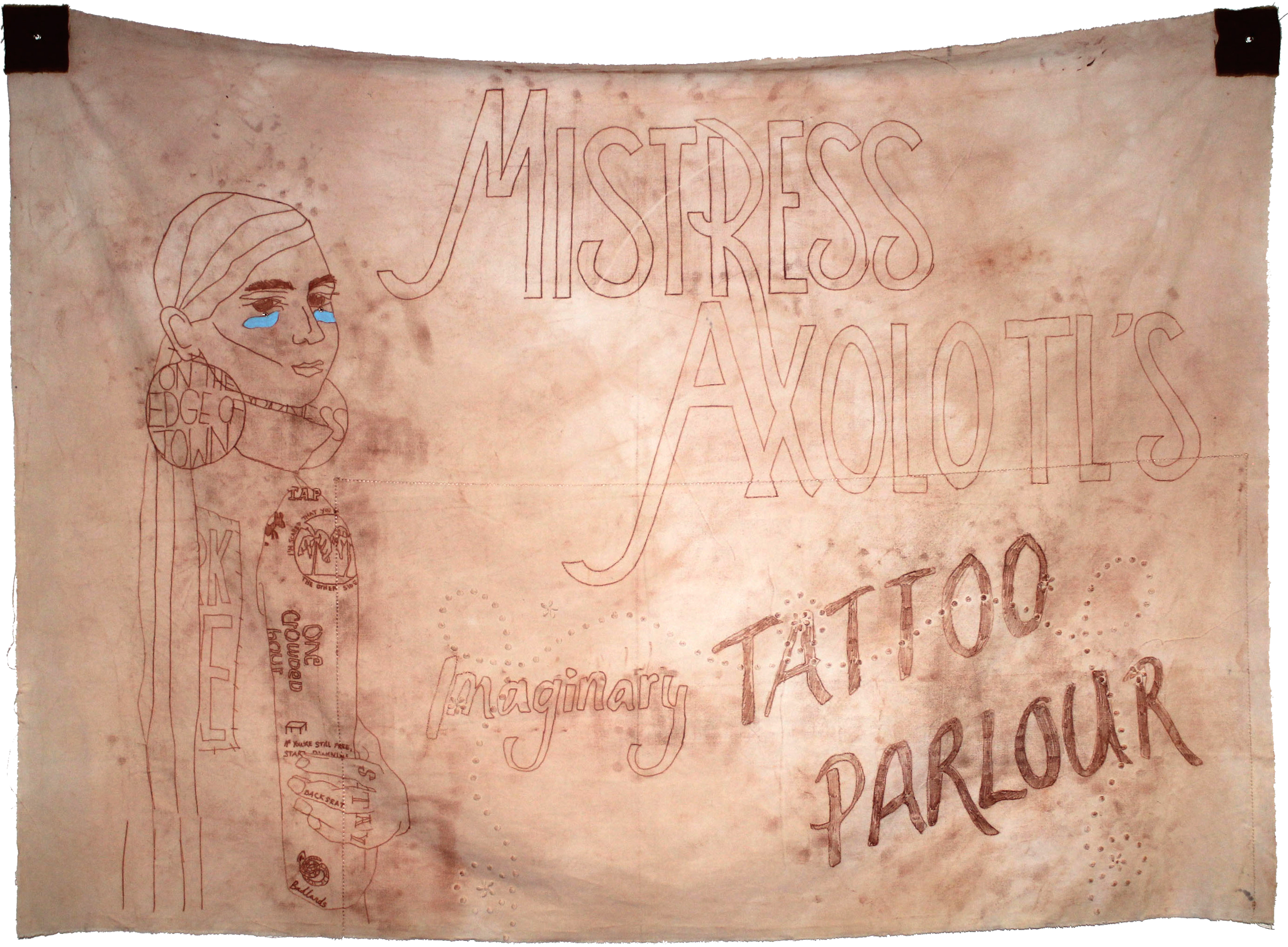 Untitled banner2015Found fabric (Grandma's linen) dyed with onion skins, mono print, jewels, found waxed cotton